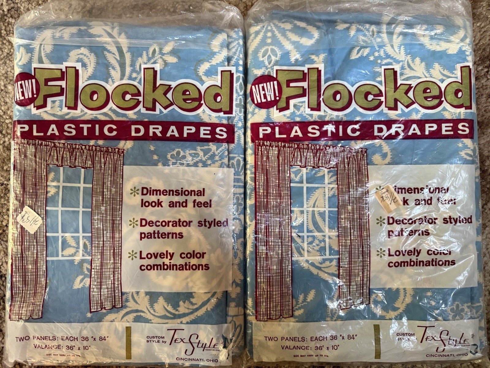 NEW 4 Panel Vintage Mid Century Modern Flocked Blue Damask Plastic Curtains