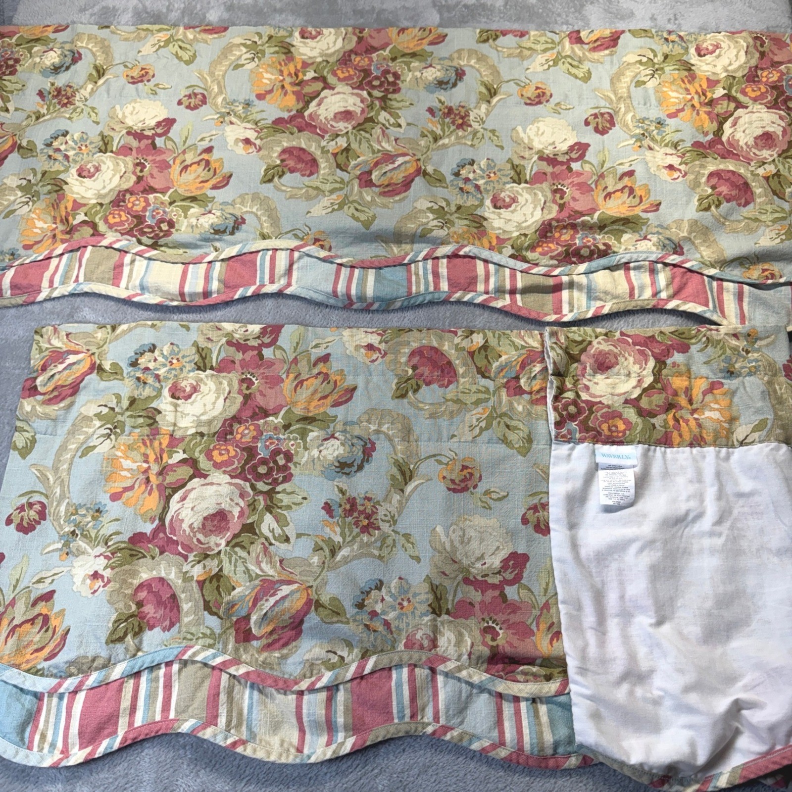 Waverly Floral Scalloped Window Valance Pair Cottagecore Rose Stripe Trim 47×20
