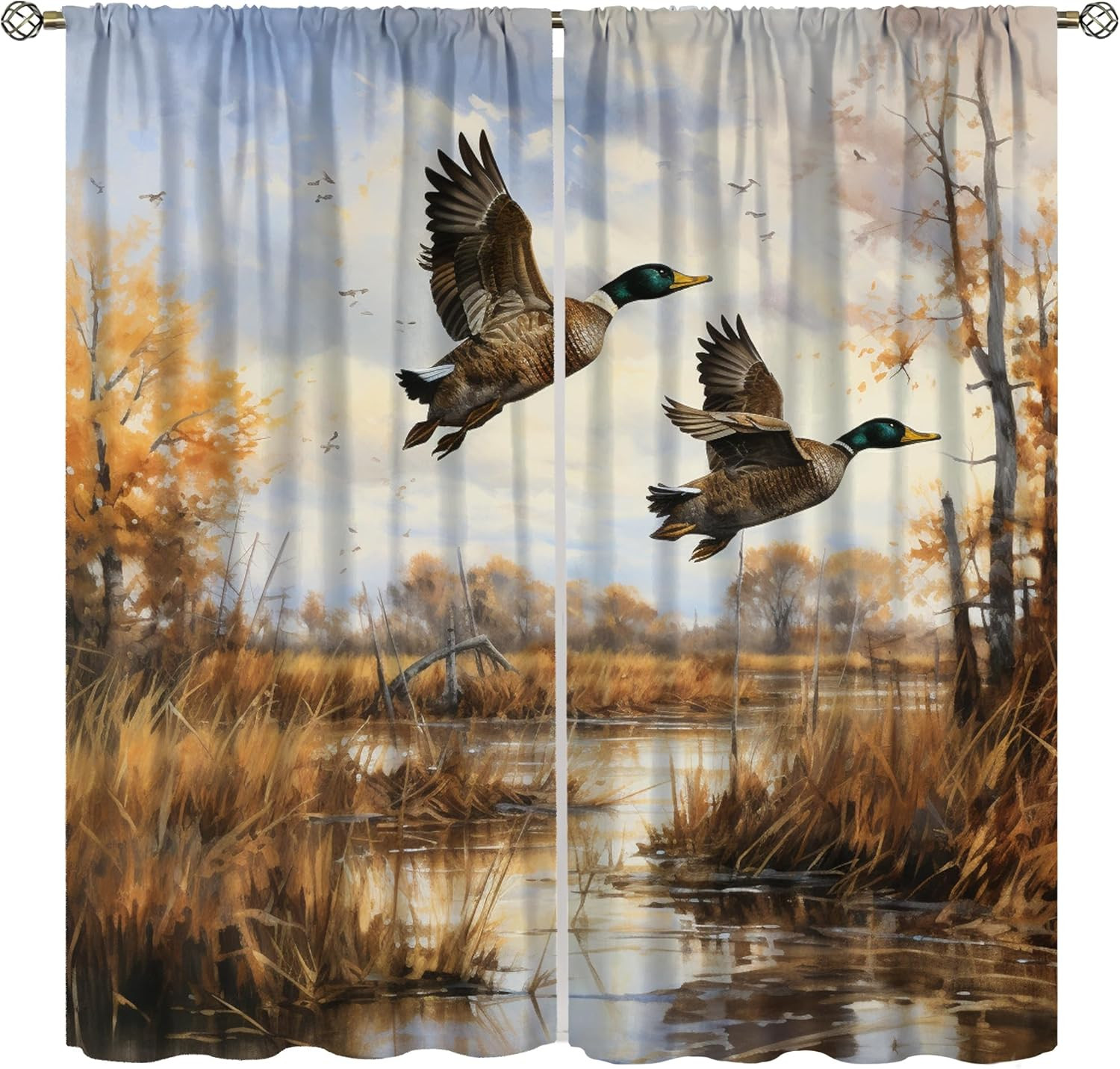 Vintage Mallard Duck Curtains for Bedroom,Country Nature Rustic Oil Painting Fal