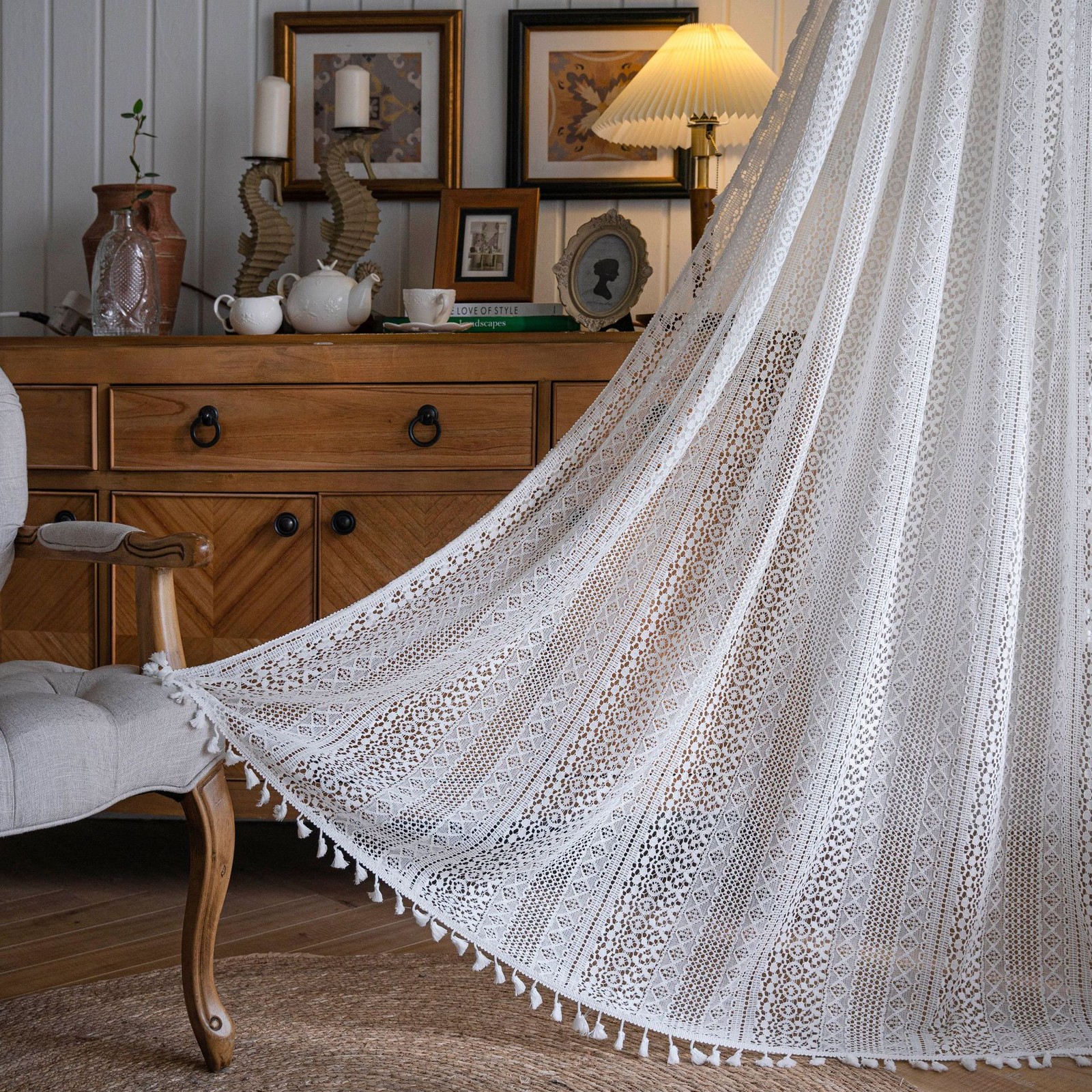 Beige Boho Curtain Crochet Lace Handmade Tassels Vintage Rustic Bohemian Drape