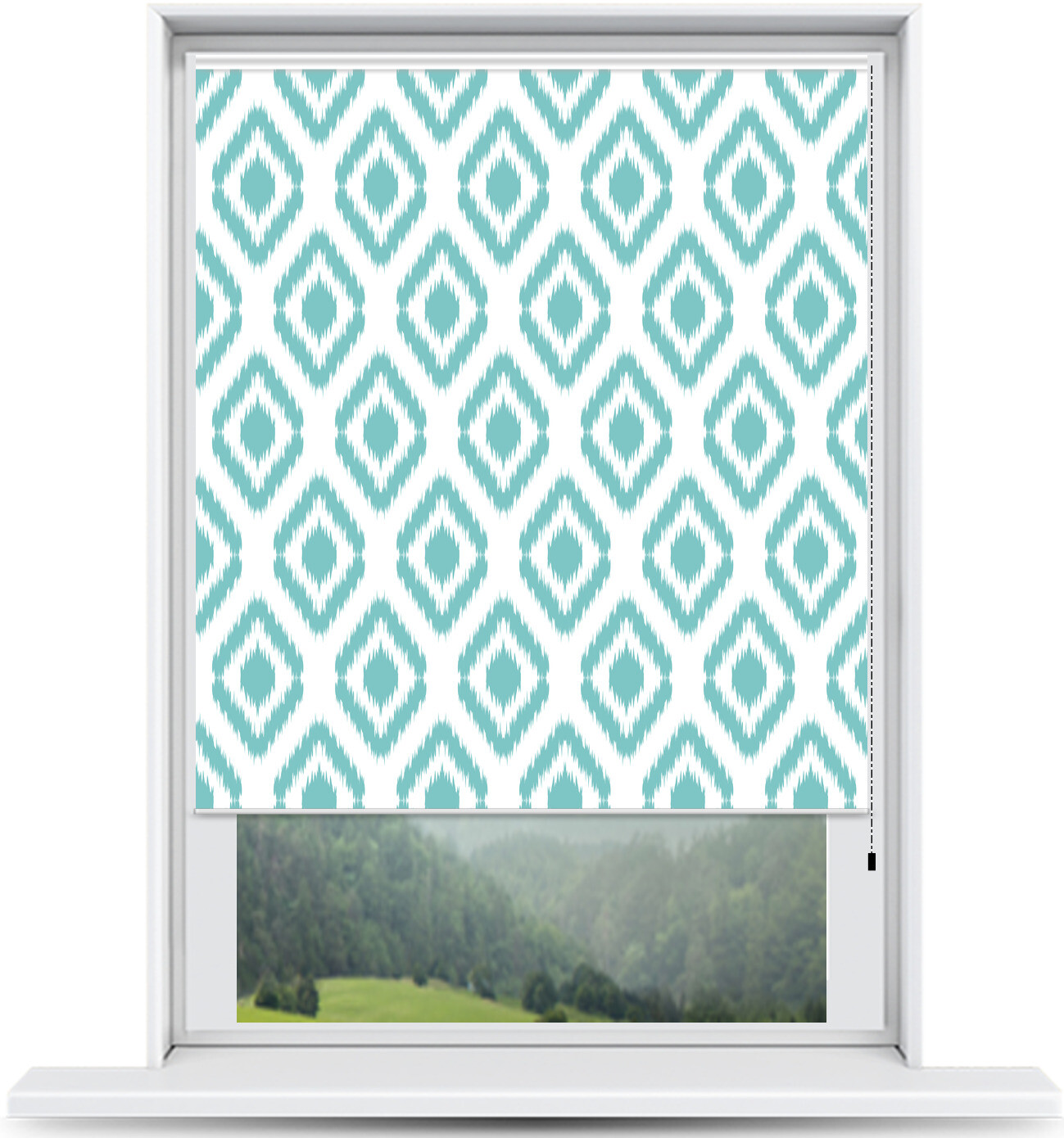 ArtToFrames Custom Window Shade – Blackout Ikat Aqua Design Reversed Roll