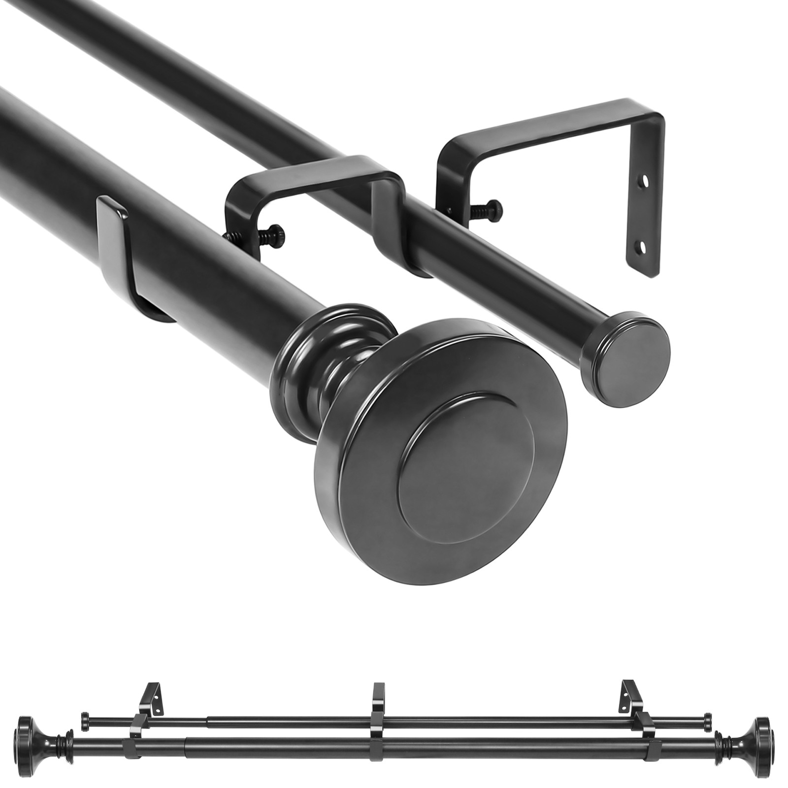 1″ Flat Button Double Drapery Curtain Window Rod Set, 28”-48″/48″-84″/84″-120″