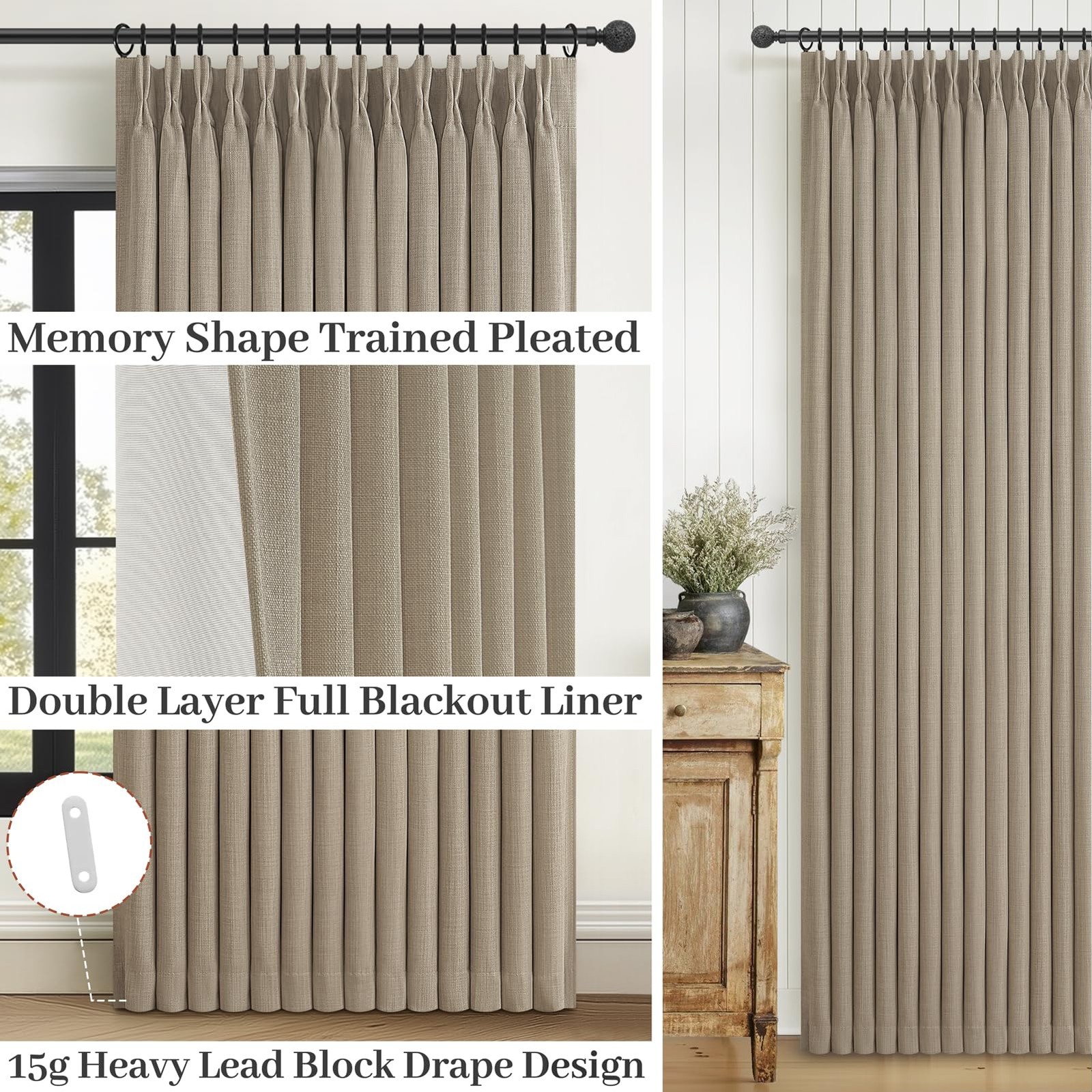 Extra Wide Burly Wood Birch Blackout Sliding Glass Door Curtains 90 Inches Lo…