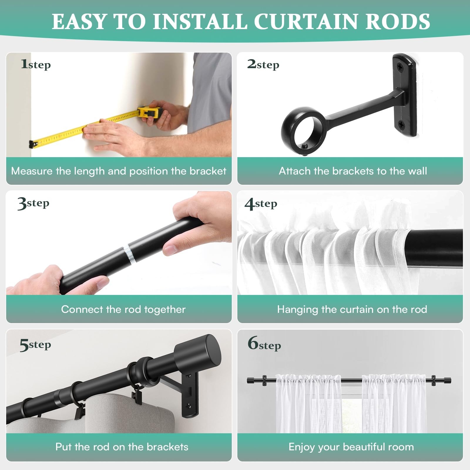 Curtain Rods for Windows 72 to 144 Inches, Adjustable 1 32″ 144″, Black