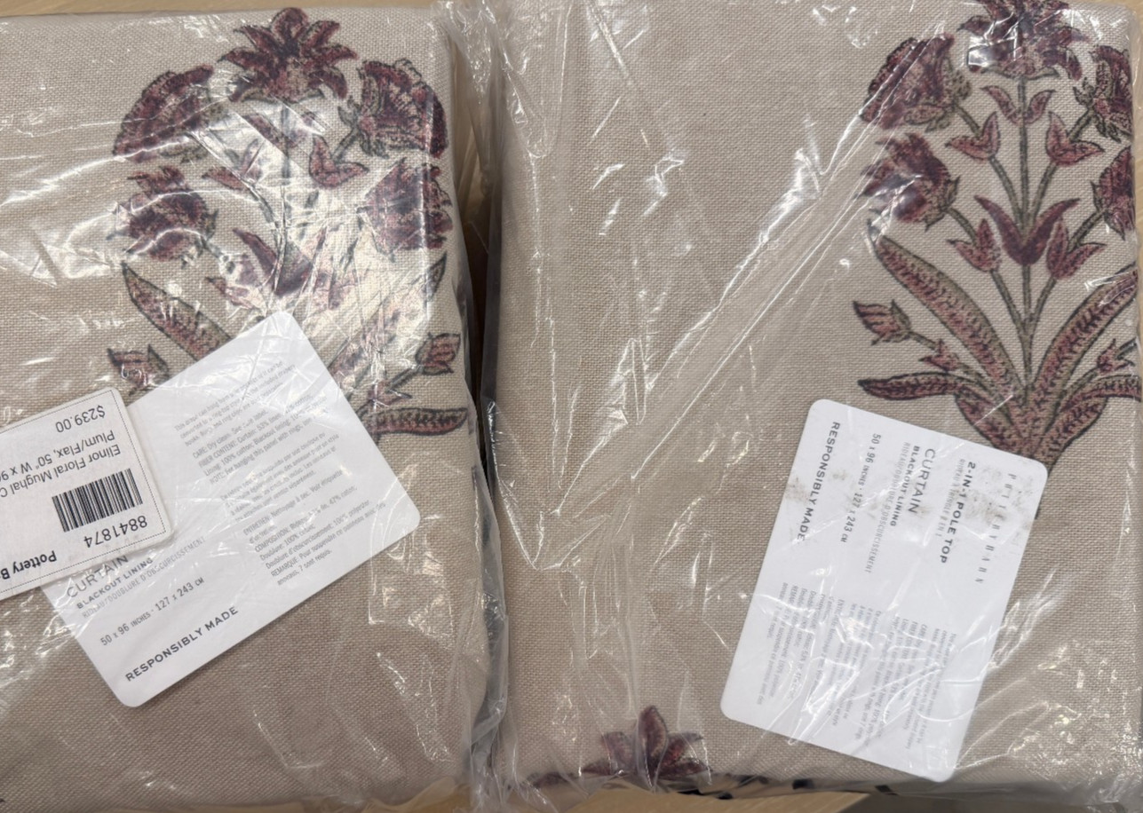 Pottery Barn Set of 2 Elinor Floral Mughal Blackout Curtains Plum Flax 50×96″