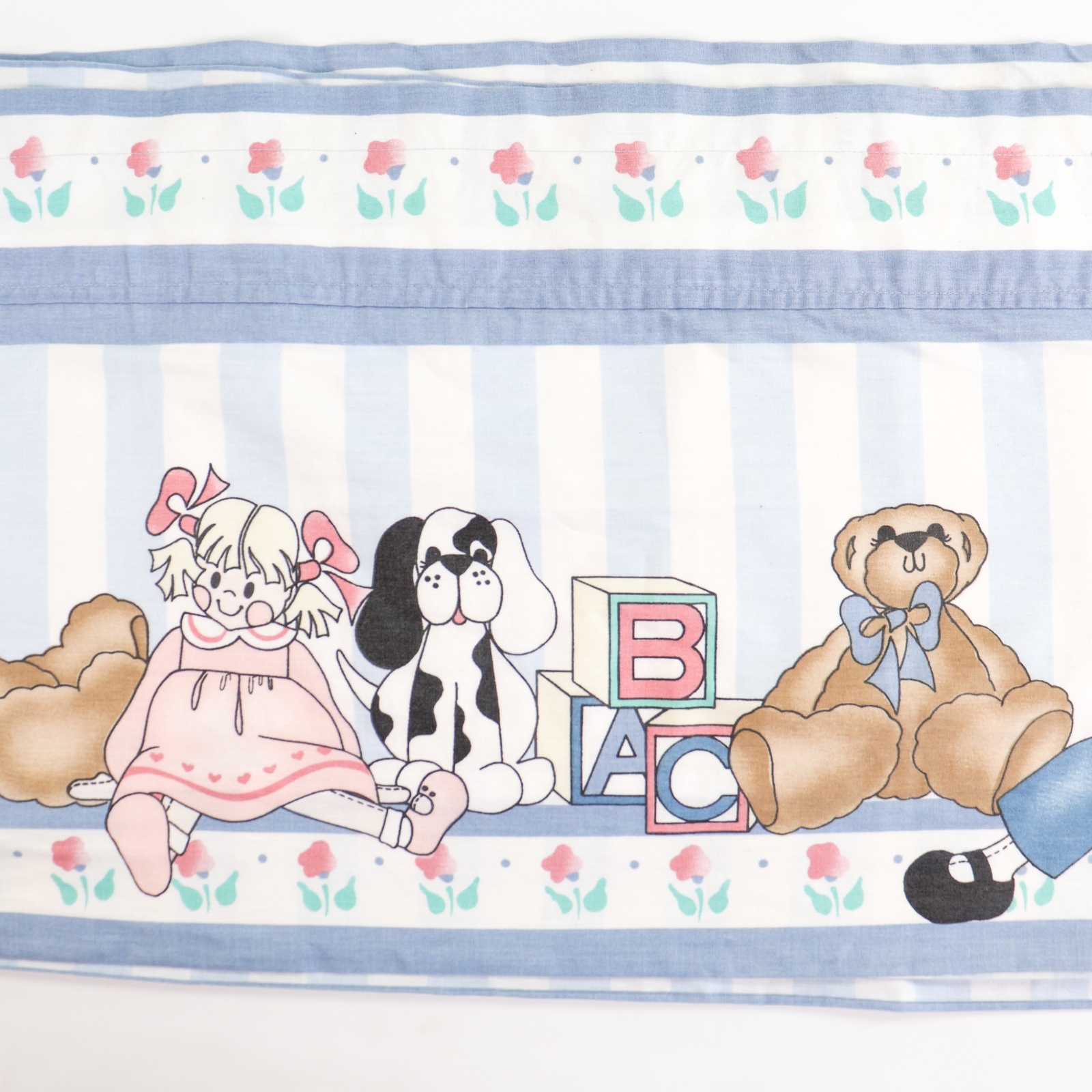 Vintage Daisy Kingdom Fabric Curtain Valance Set of Four Blue Stripe Bears Dogs