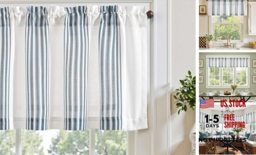 Striped Linen Valance Curtain 50″W x 16″L (Pack of 1) Balanced Stripe | Blue