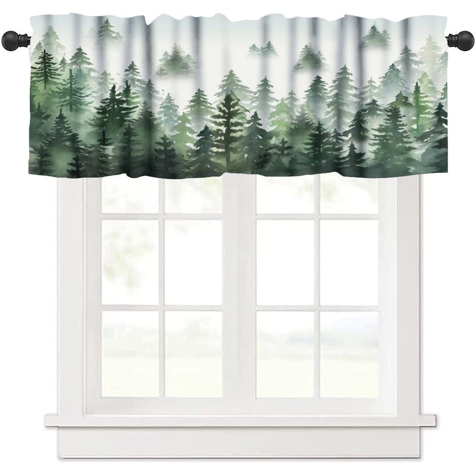 Green Misty Forest Tree Watercolor Landscape Window Valance Drapes 54×18 Inch