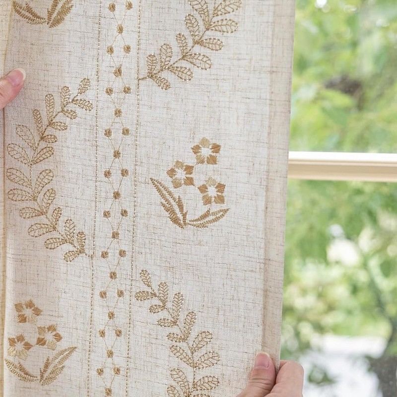 Farmhouse Floral Linen Curtains Light Filtering Embroidered Window Panels 2-Pack
