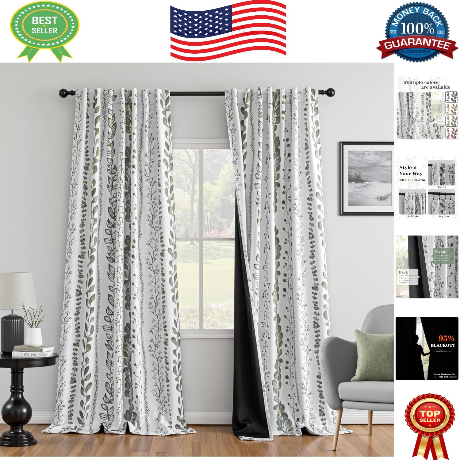 Elegant 84” Sage Green Blackout Curtains – Thermal Insulated Leaf Pattern Drapes