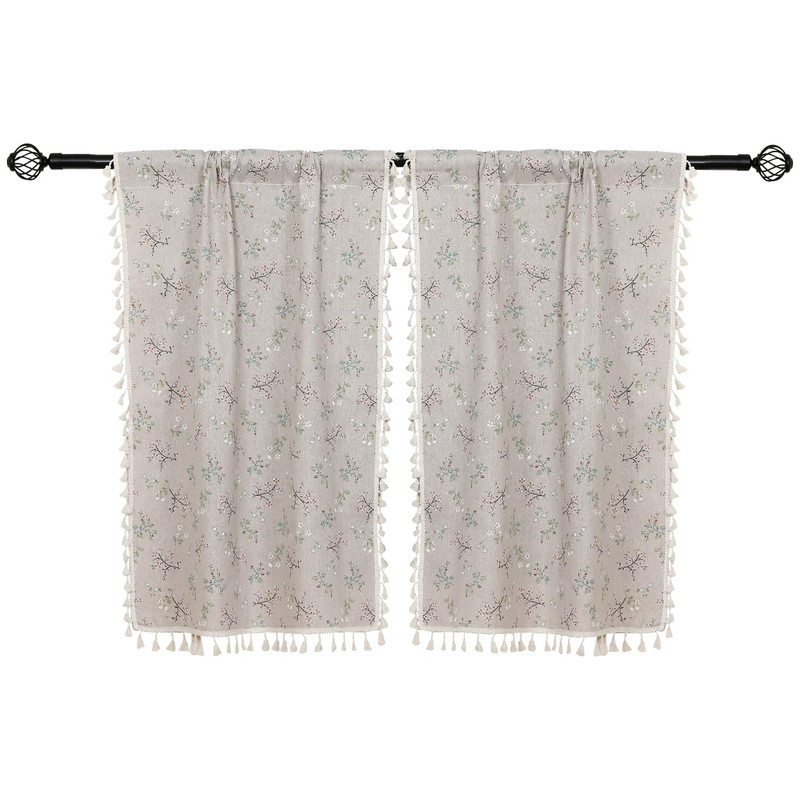 Moslovstar 2 Panels Linen Tassels Curtains Farmhouse Little Grass And Flower