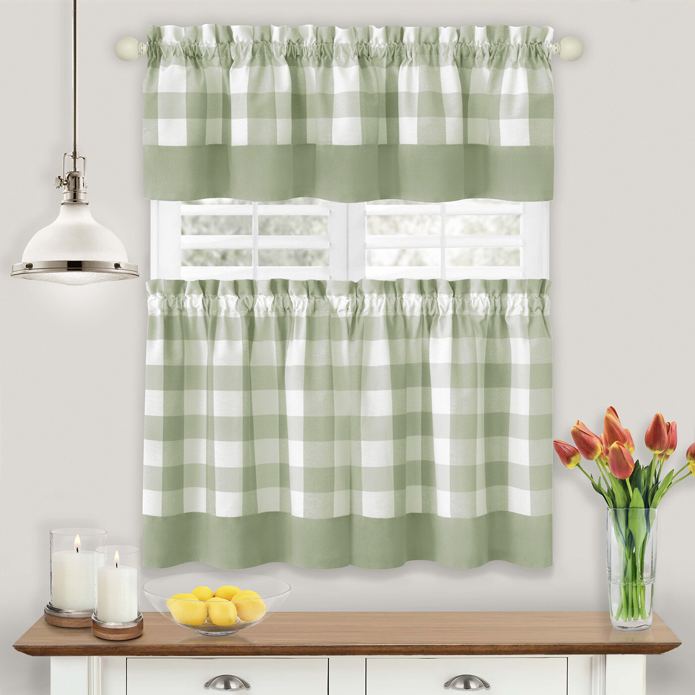 Green Big Checkered Window Curtains, Rustic Farmhouse Gingham Plaid Window Panel