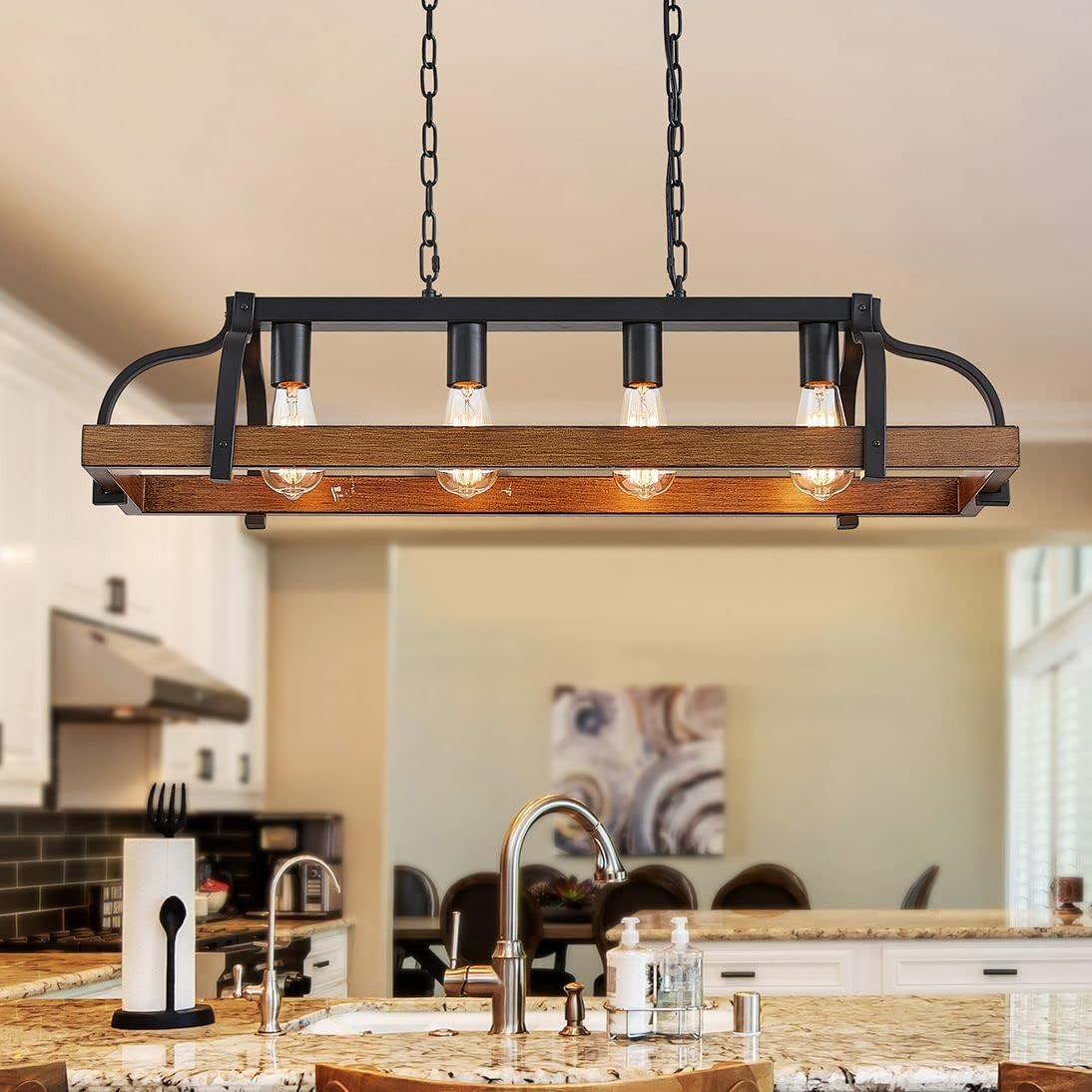 4-Light Metal Pot Hanging Rack Chandelier Imitation Wood Grain Linear Pendant Ce
