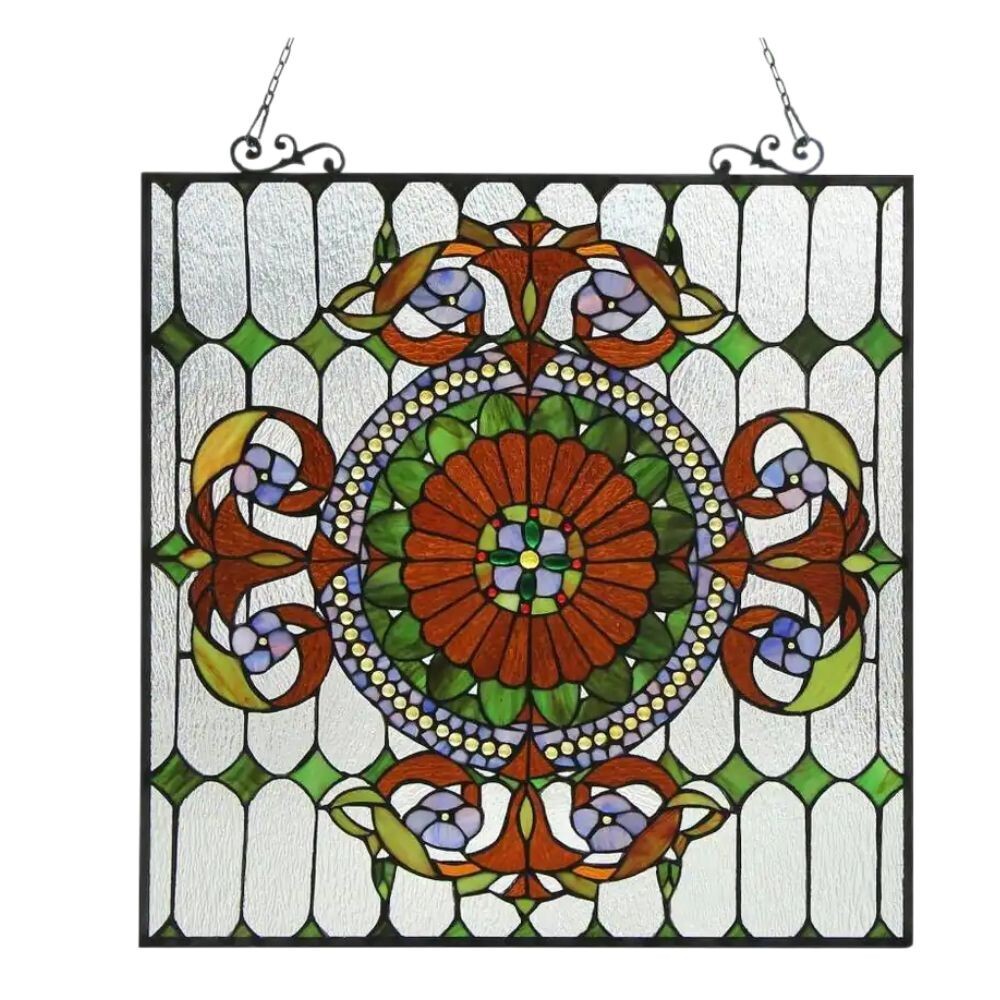 Colorful Stained Glass Window Panel Suncatcher with Jewels 25x25in