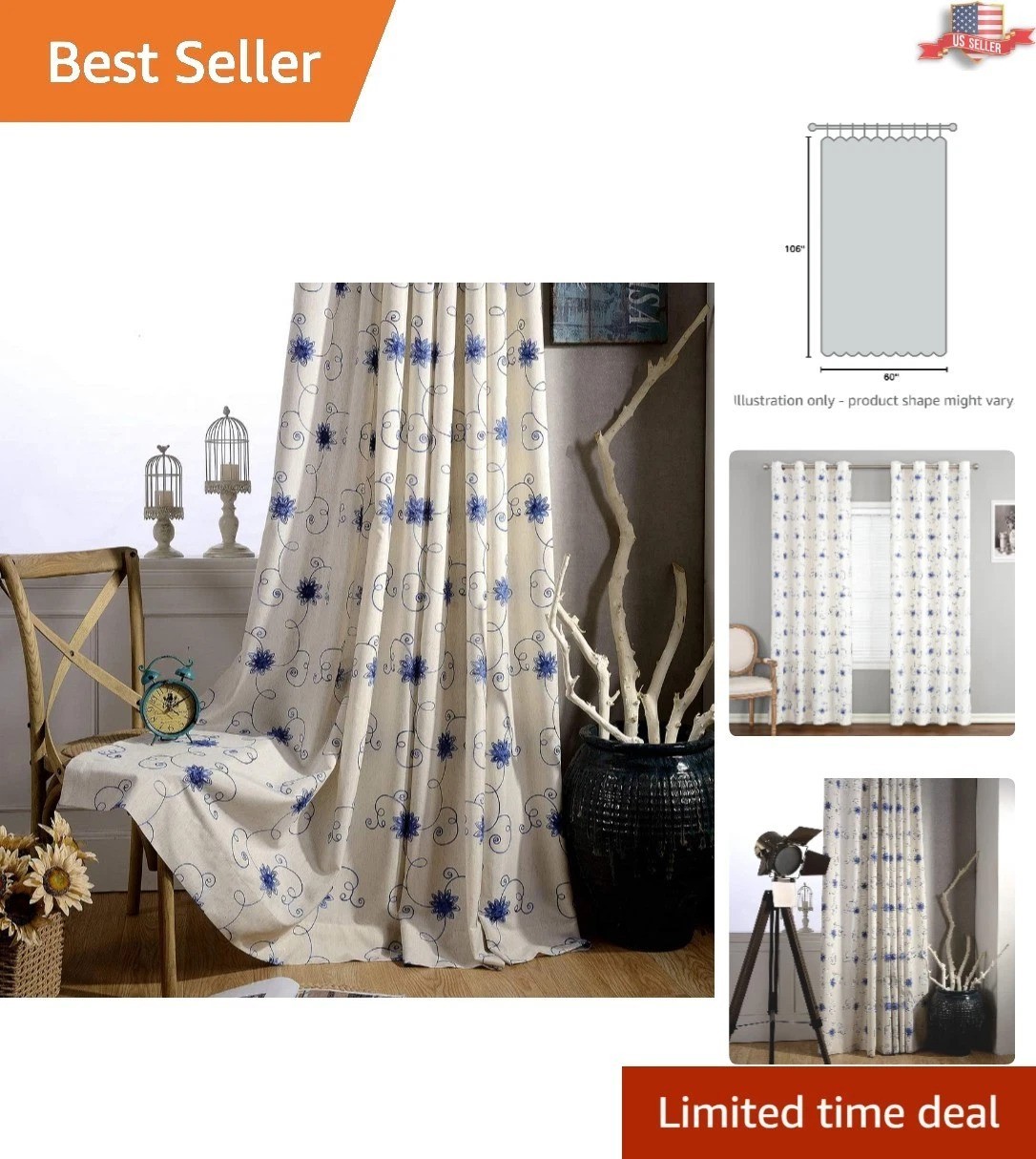 Durable and Elegant Blue Floral Embroidered Curtains – 2 Panels, 60 x 106