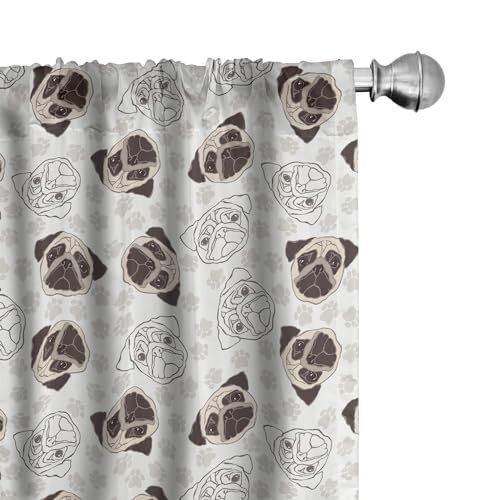 Dog Window Curtains, Pug Portraits Traces Paw Pair of – 28″ x 84″ Brown Beige