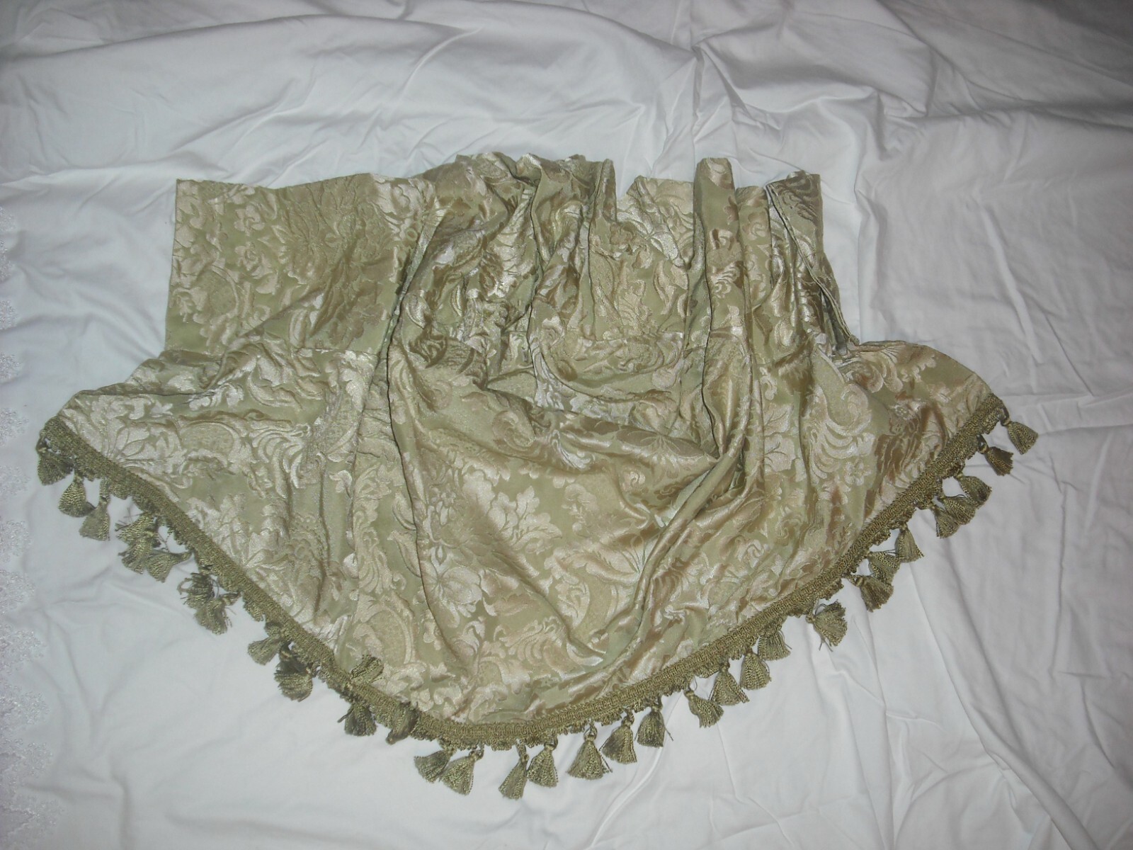 Croscill Home Green Damask Waterfall Valance Pale Sage Green w/ Tassels