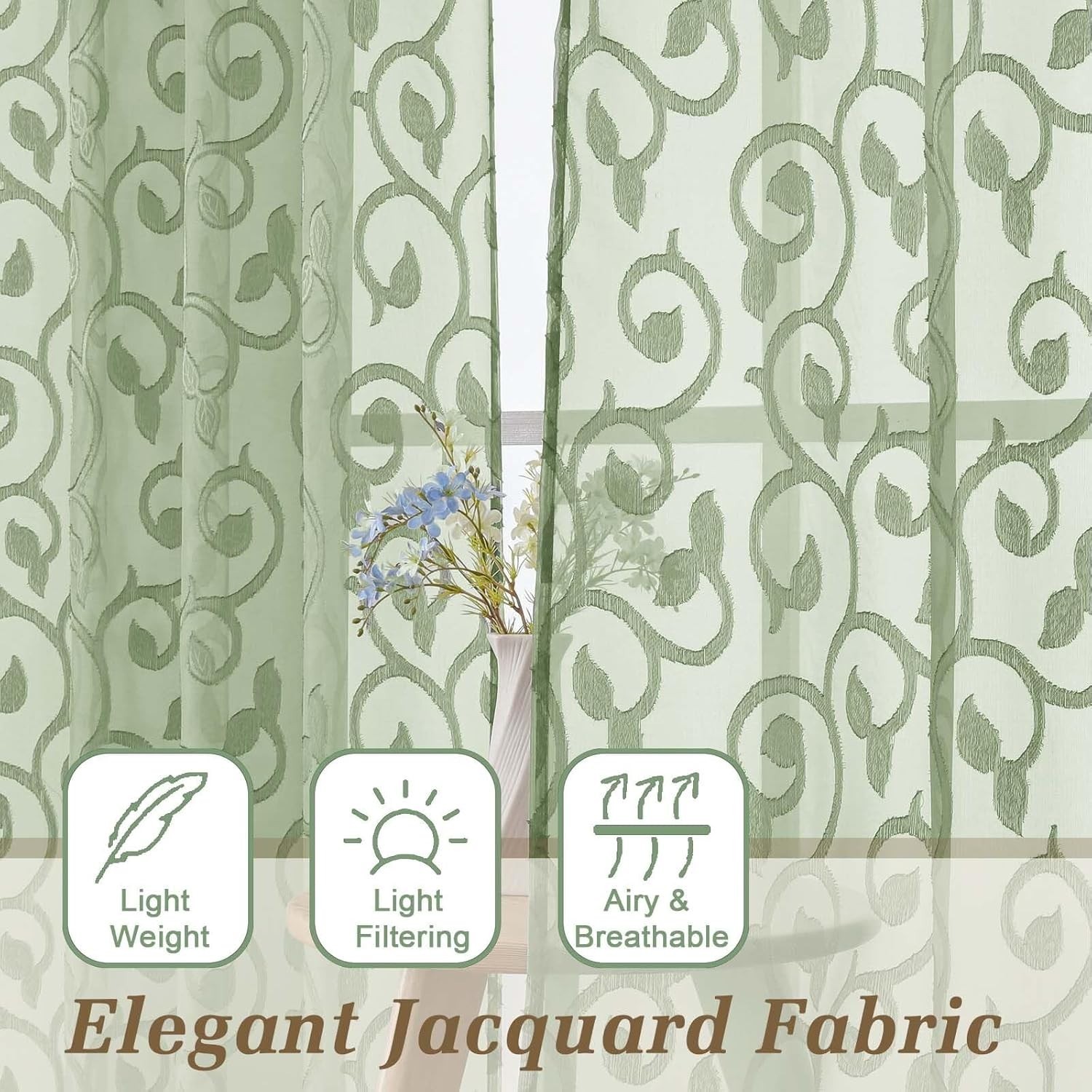 Light Filtering Sage Green Window Curtains Set – 2 Panels 24″ Length, 42″ Width