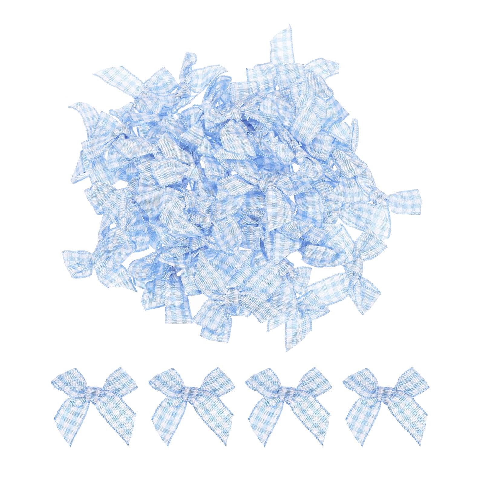 Mini Gingham Ribbon Bows 50 PCS 1.5 Inch Checkered Fabric Light Blue
