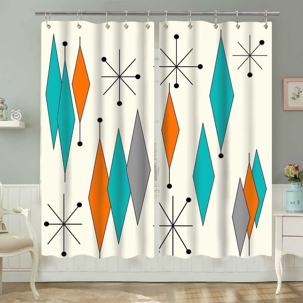 Mid-century modern Curtains Window Drapes 2 Panel Set w/ Hooks Waterproof Fabric