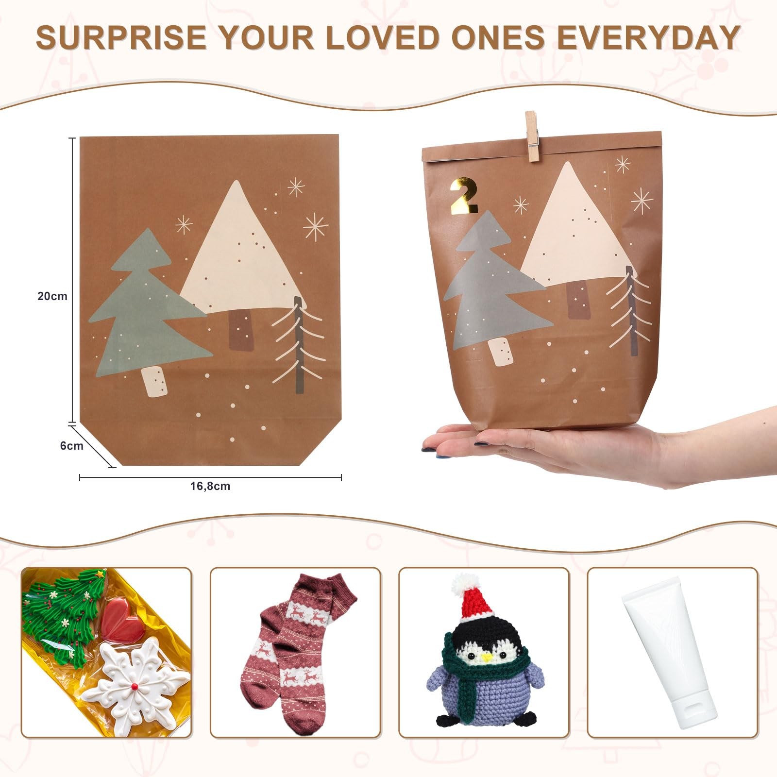 Advent Calendar 2025 24 PCS Empty Gift Paper Bags Wooden Clips DIY Countdown