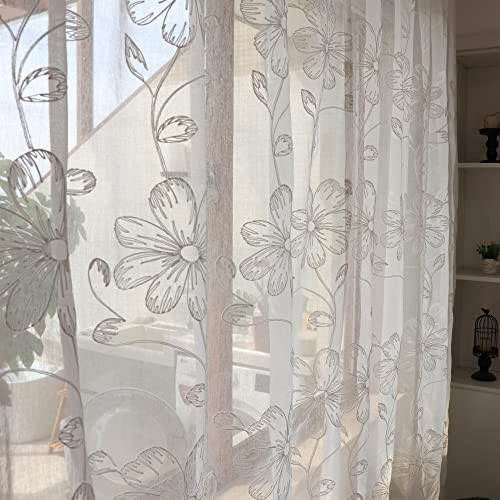 Set of 2 Panels White Flowers 52″W x 102″L (Pack of 2) White Sheer/Rod Pocket