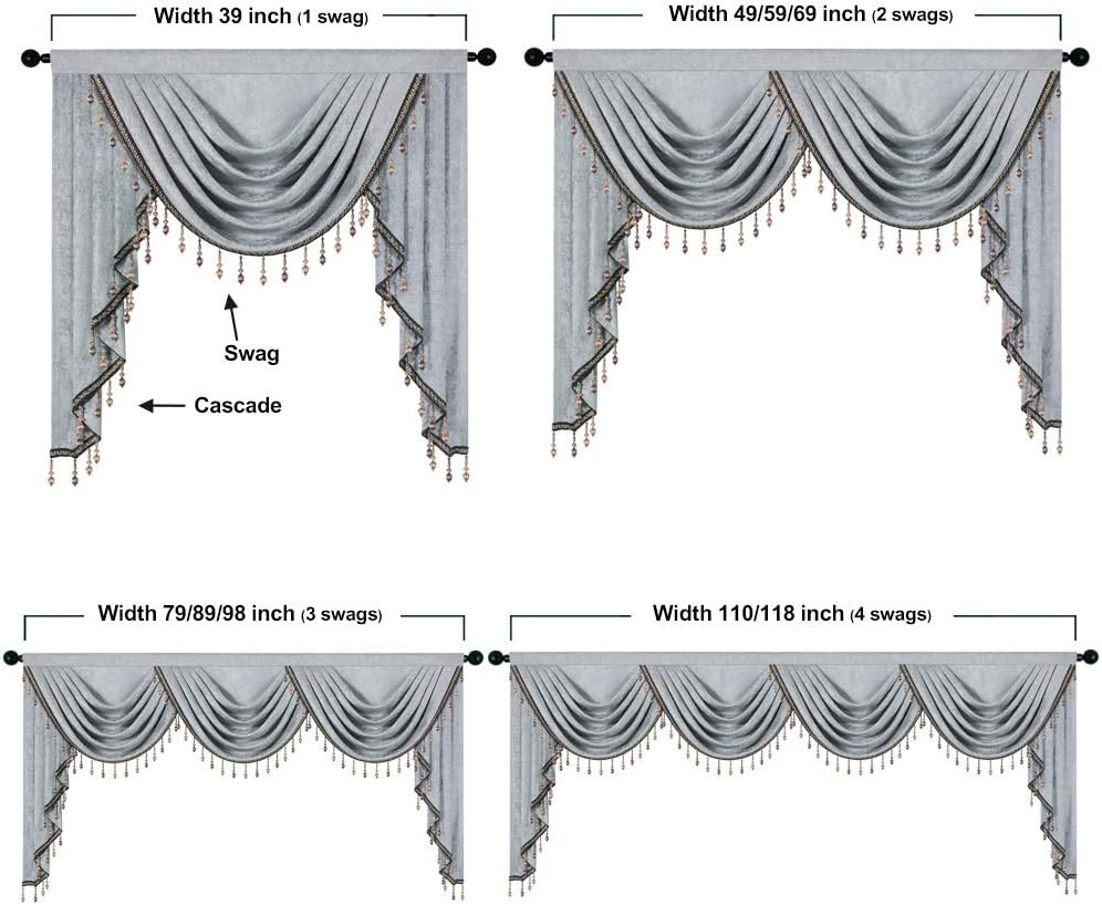Thick Silver Grey Chenille Valance with Beads for Living Room, 59″ Panel