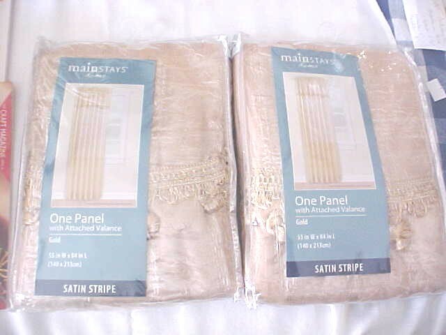 Curtain Panels Attached Valance Gold Satin Stripe Tassel Lot of Two 55 W X 84″