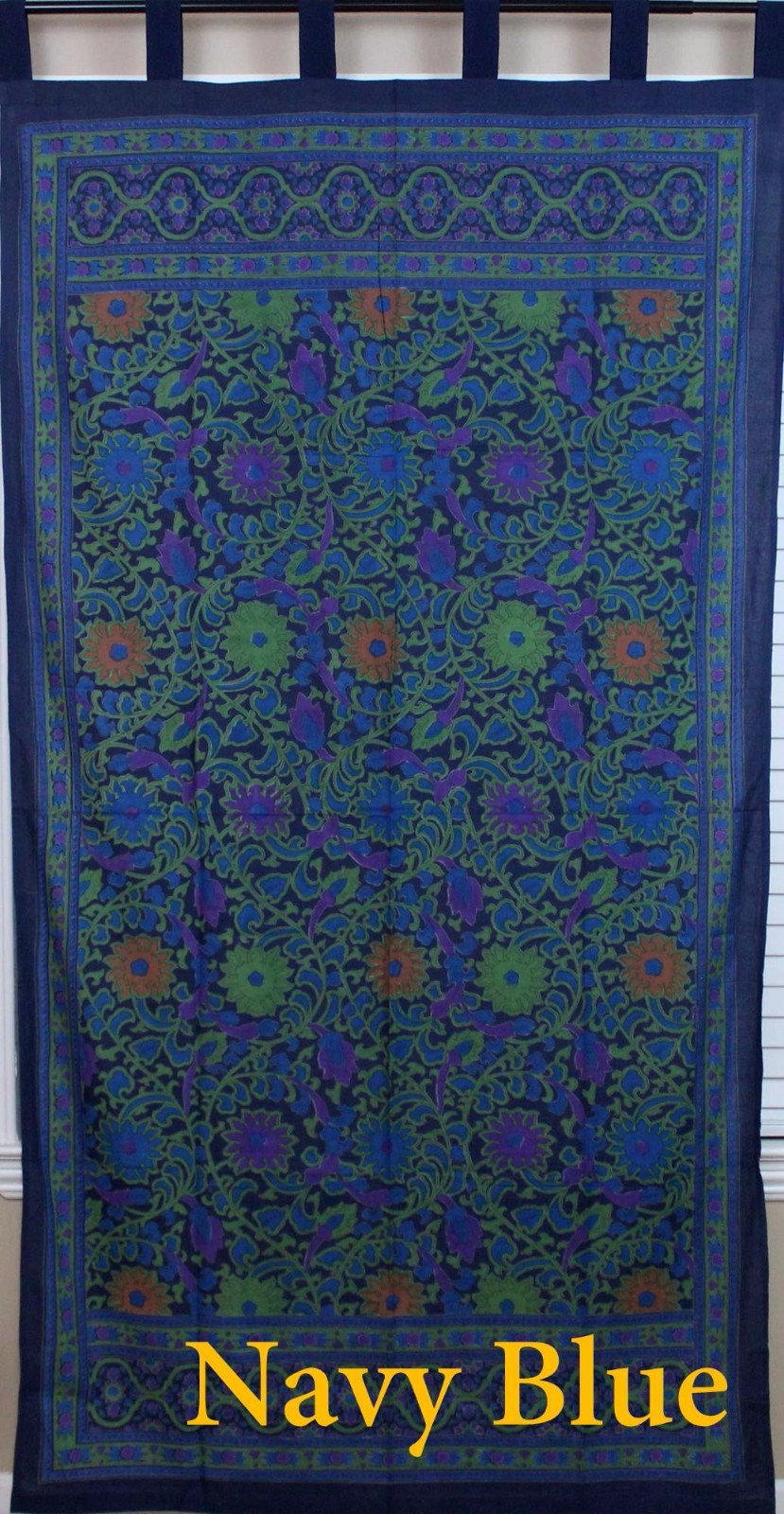Handmade 100% Cotton Sunflower Floral Tab Top Curtain Drape Door Panel Navy Blue