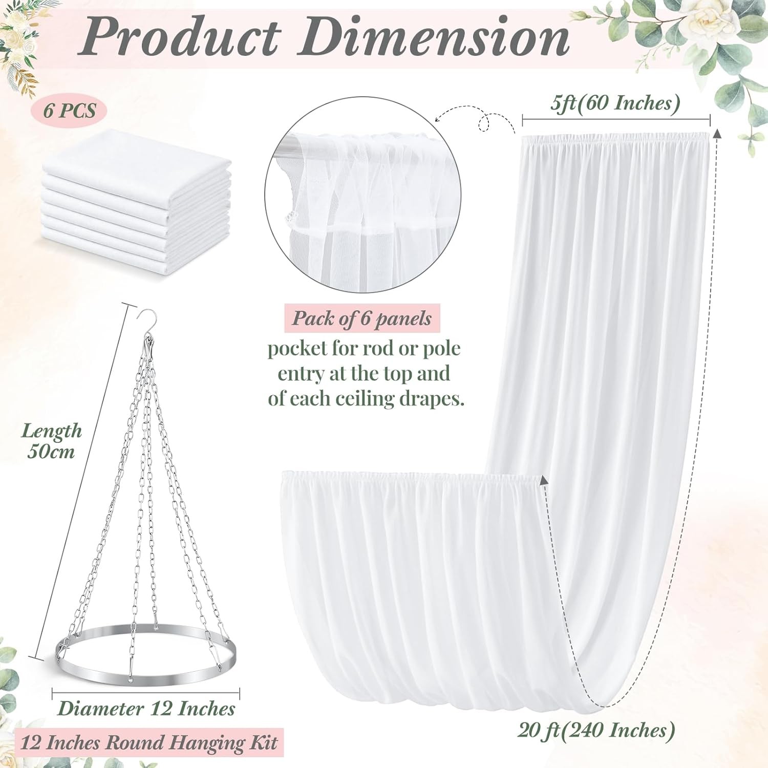 5Ft X 20Ft 6 Panels 12 Inches Ceiling Drapes Hanging Kit with Drapery- Ceiling H