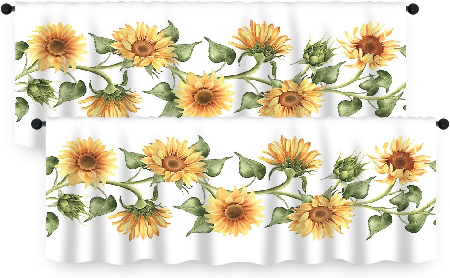 2pcs Kitchen Curtains Sunflower Valance and Tiers Sets 58wx14h Rod Pocket Sunflo