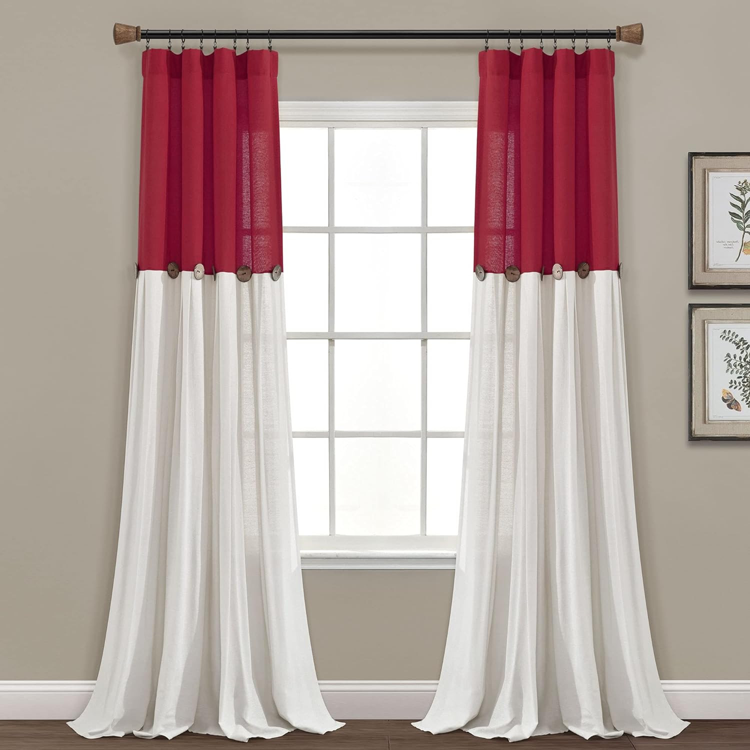 Linen Button Window Curtain Panel, Single, 40″ W X 84″ L, Red & White – Country