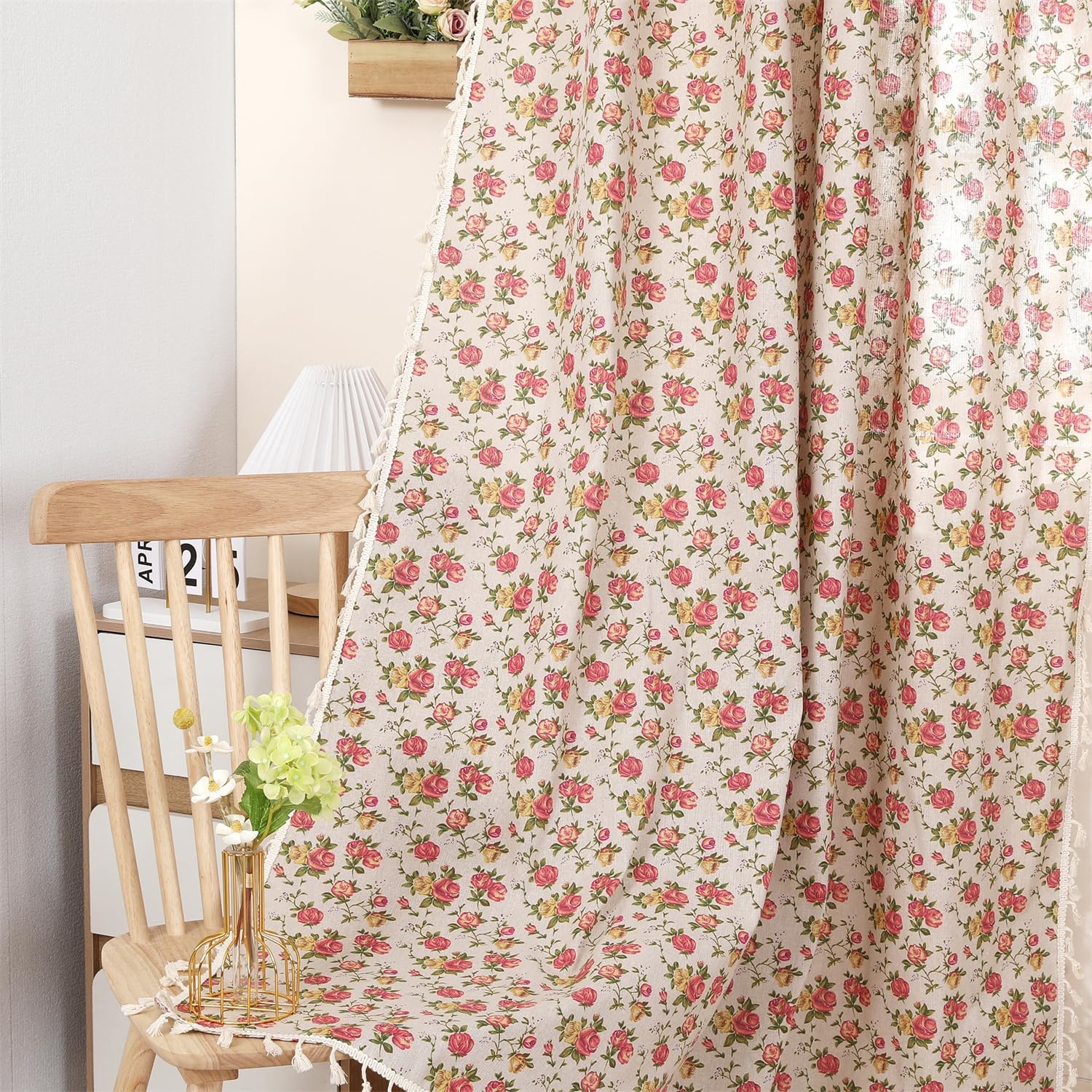 1 pair linen curtains with floral pattern, rustic country style, translucent…