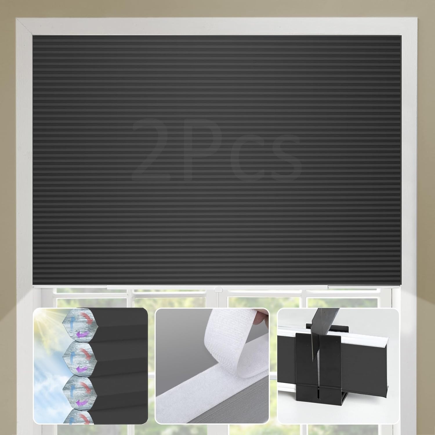 2 PACK Cellular Shades No Tools No Drill Blinds 29″ W(19″-29″) x 64″ H, BLACK