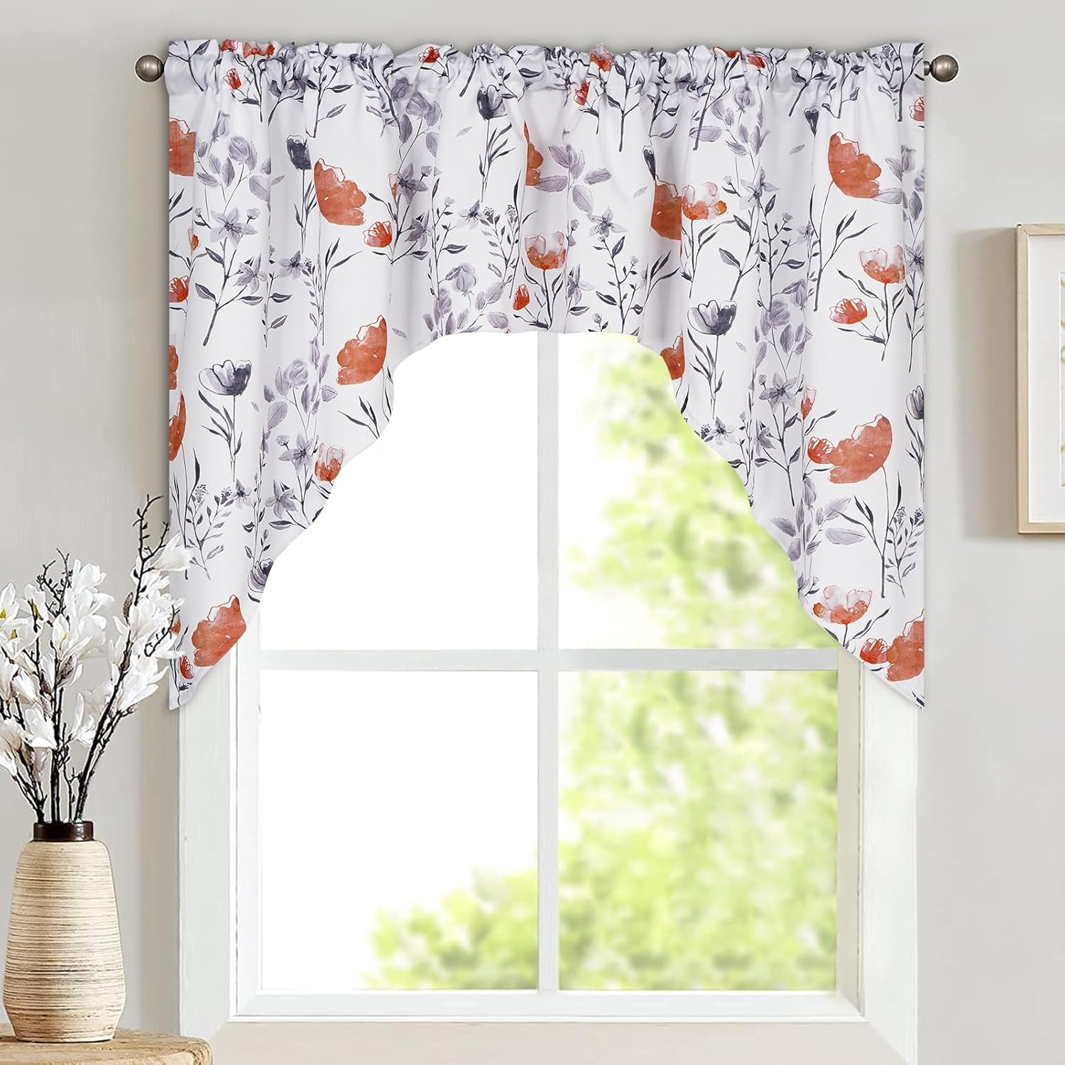 Floral Swag Curtains Watercolor Flower Leaves for Kitchen Swag Curtain, Orange a