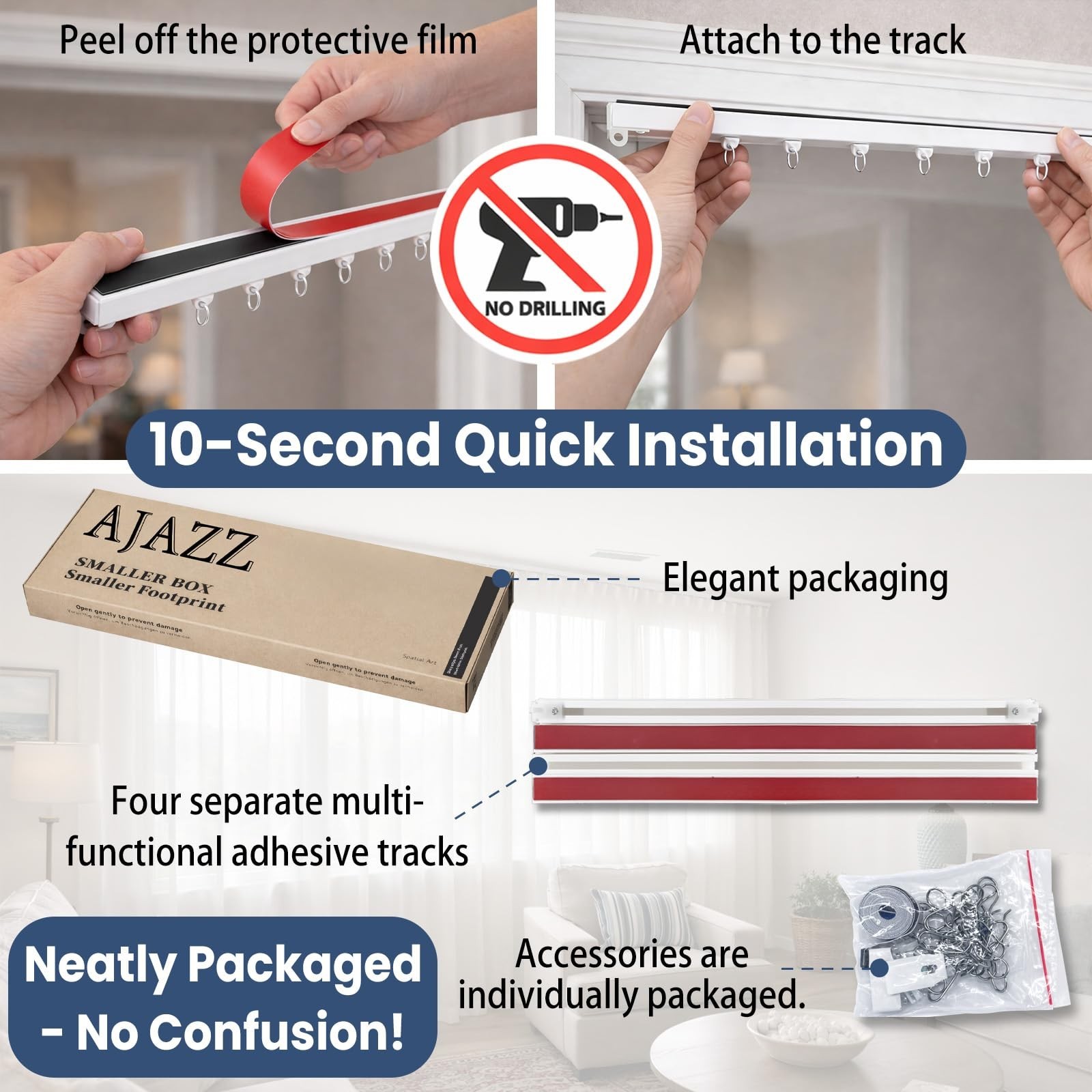 AJAZZ Self Adhesive Ceiling Curtain Track (4.72FT,1.44M, White) Curtain Track…