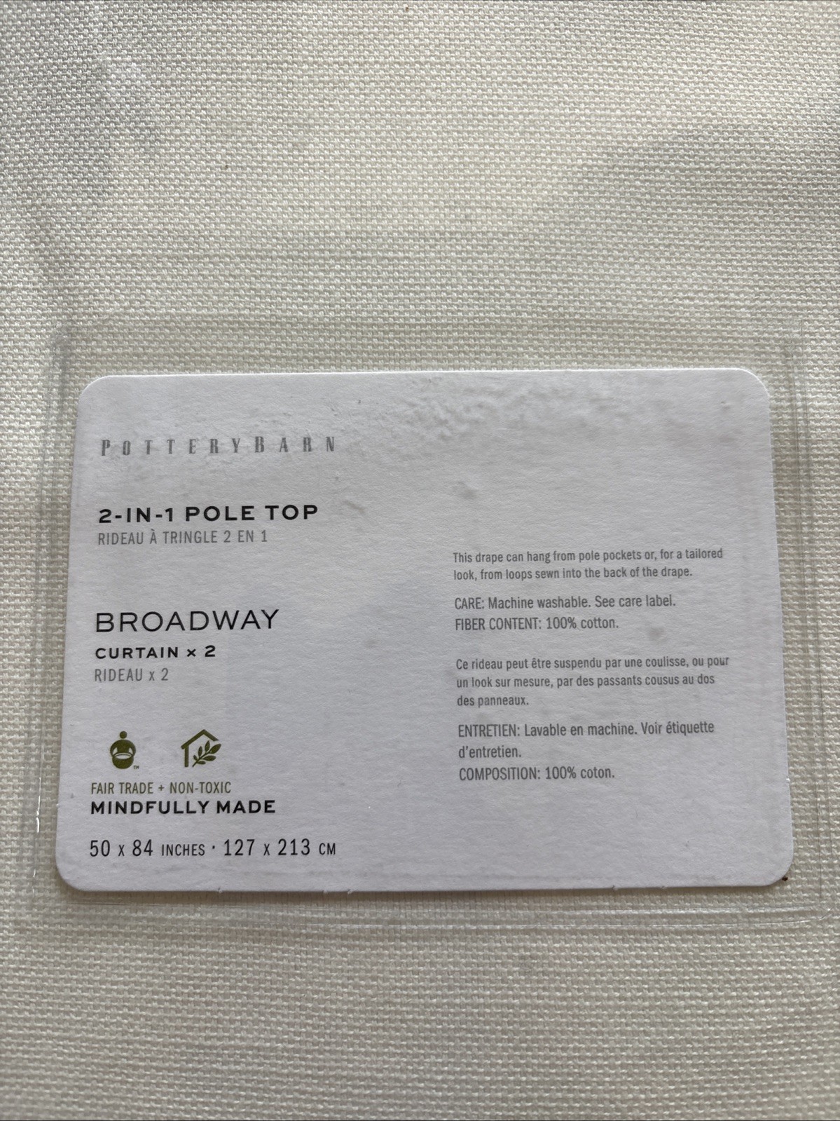 Pottery Barn 2-in-1 Pole Top Broadway 2-Curtains 50″ x 84″ White