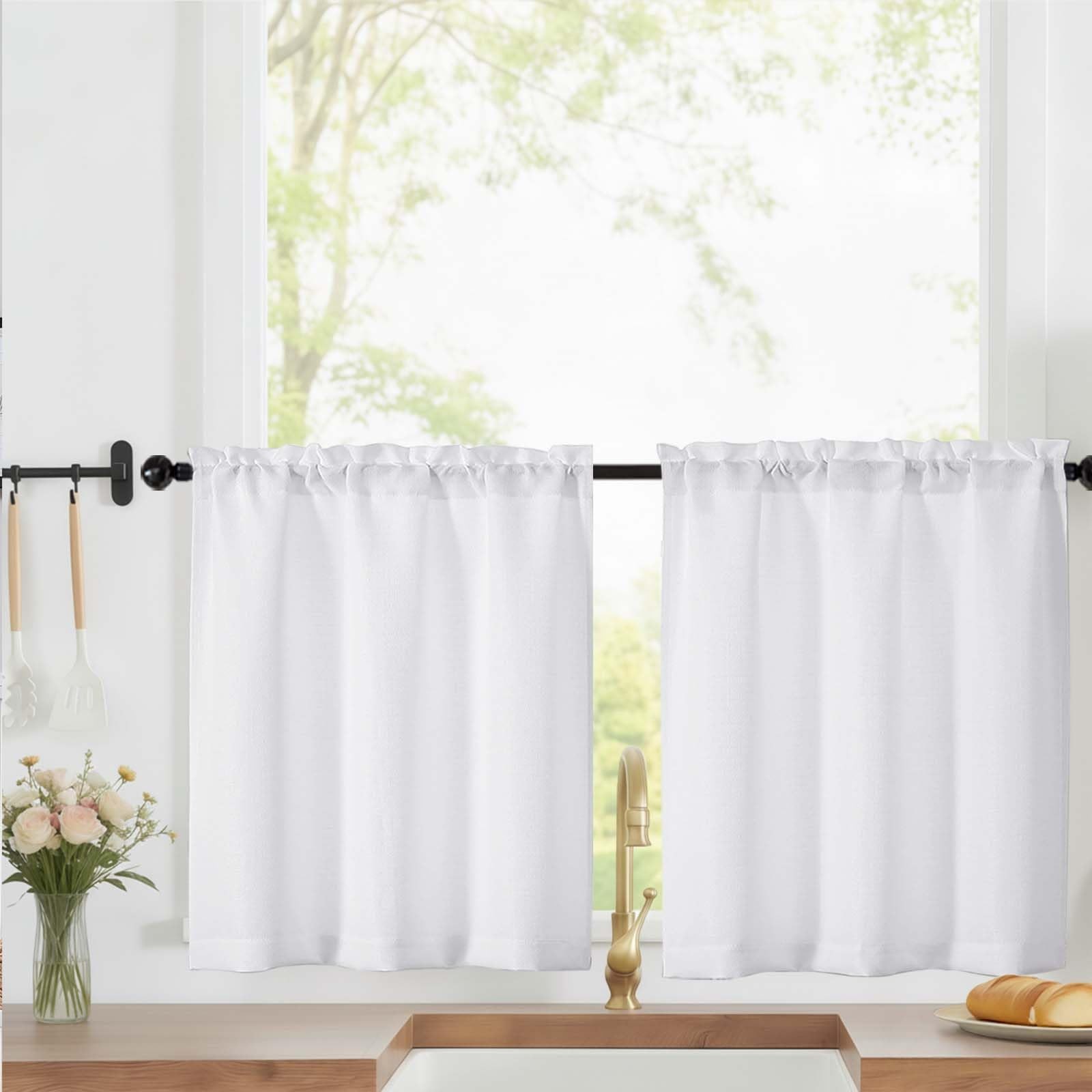 LIVEKID White Short Kitchen Curtains 24 Inch Length Tier Curtain 2 Panels – F…