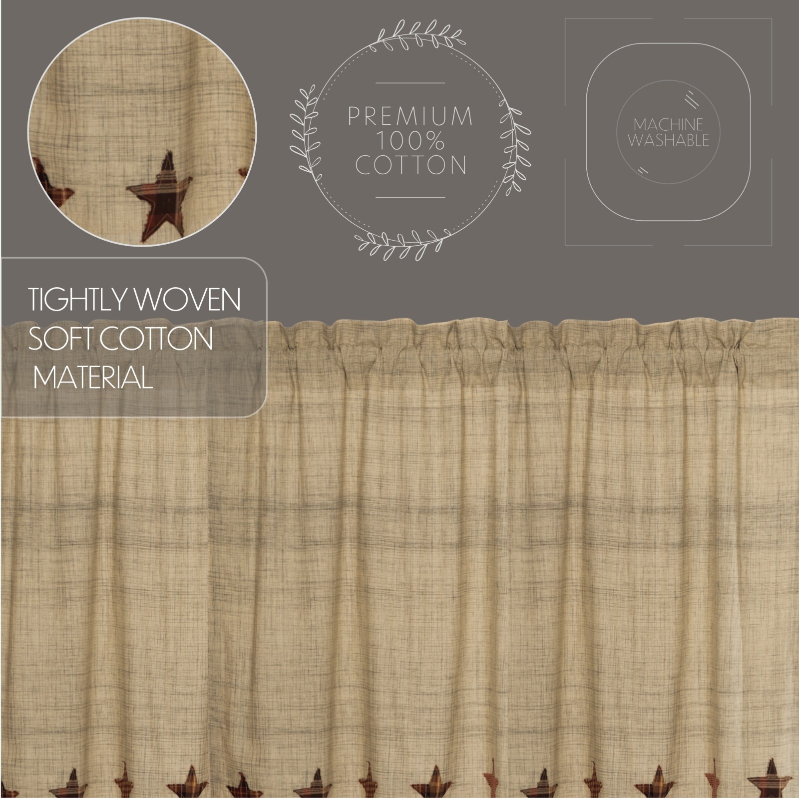 Abilene Star SWAG CURTAIN SET 36x36x18 Applique’ Stars Tan Burgundy Brown