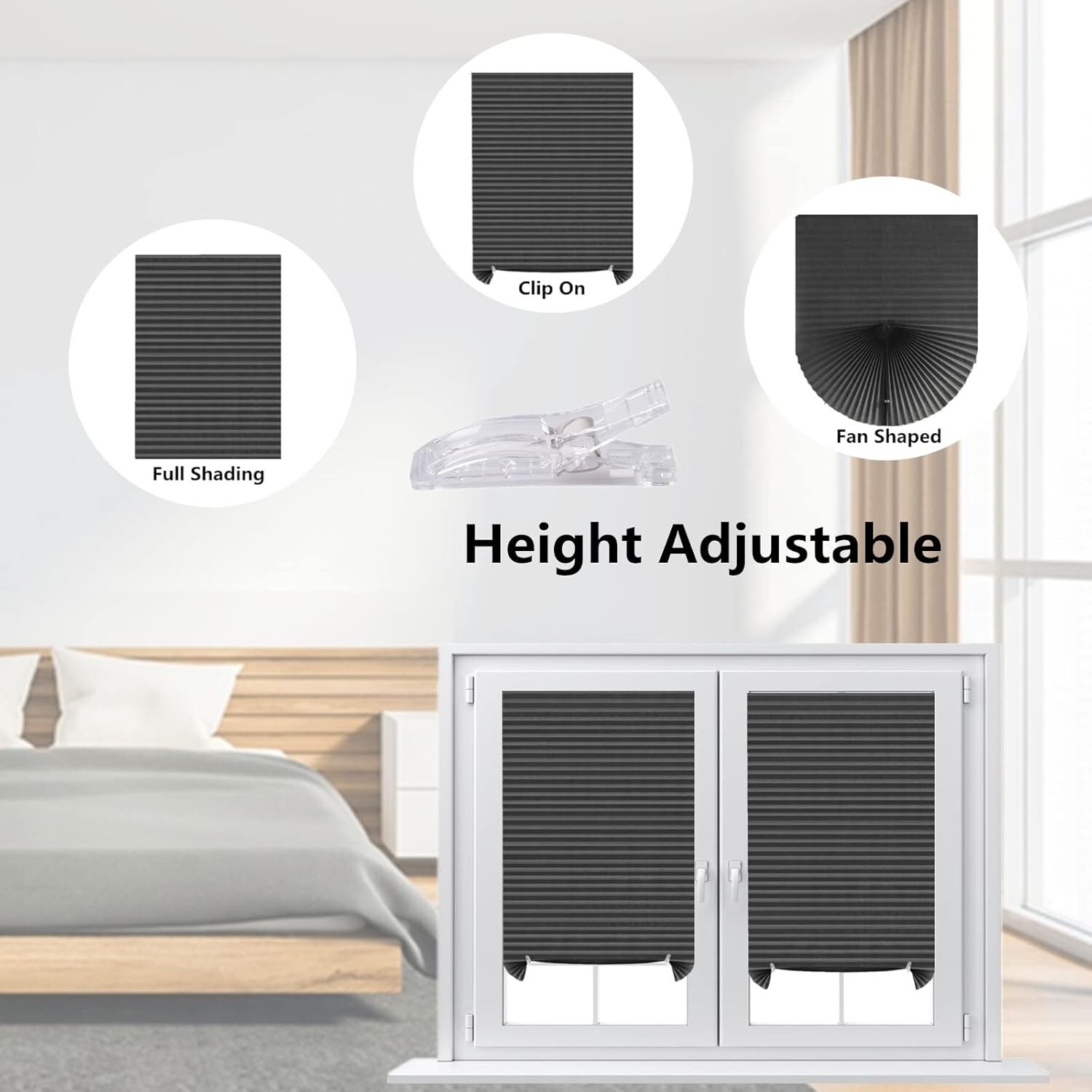1 Pack Grey 35″W x 59″H Stick-on Window Blinds Can be cut Pleated Paper Blinds