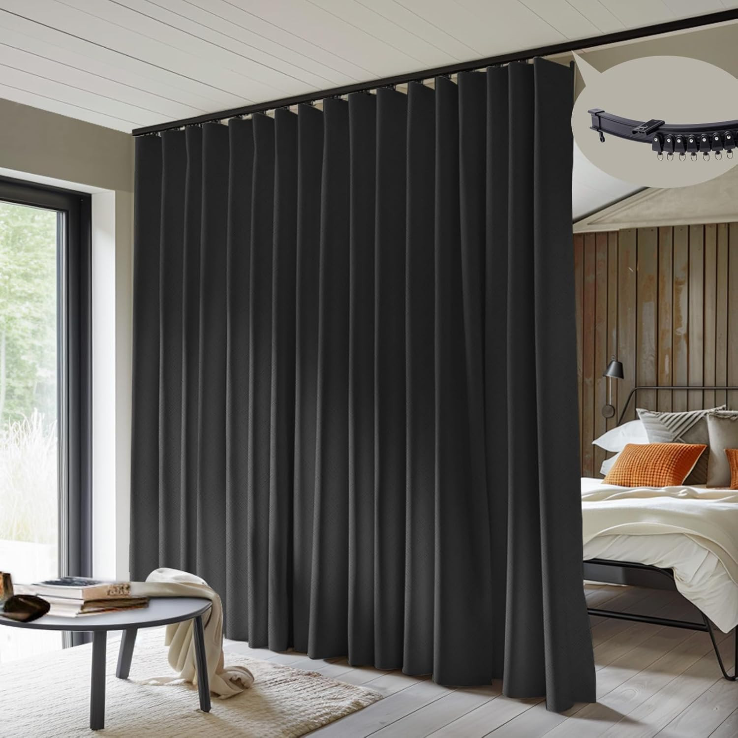 MaKefeile Room Divider Curtains with Flexible Ceiling Curtain Tracks Set,100% Bl