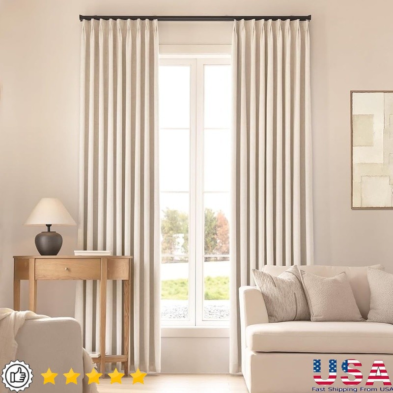 Pinch Pleated Blackout Curtains Linen Noise Reducing Light Blocking Drapes 2 Pcs