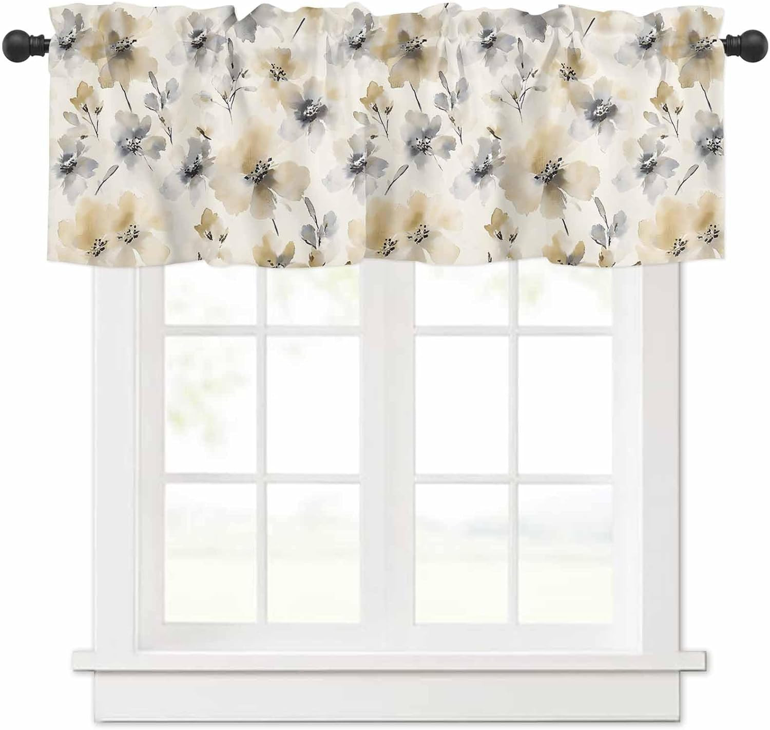 Watercolor Flower Valances Window Treatment Farmhouse Decor, Beige Grey Spring F