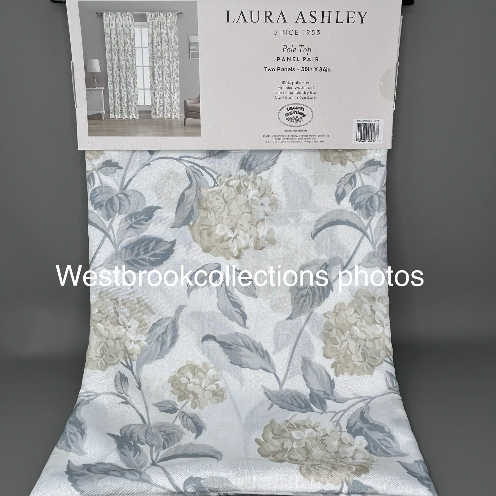 Laura Ashley HYDRANGEA Curtains 2 Panel Set ~ Taupe Gray White ~ Pole Top 38×84″