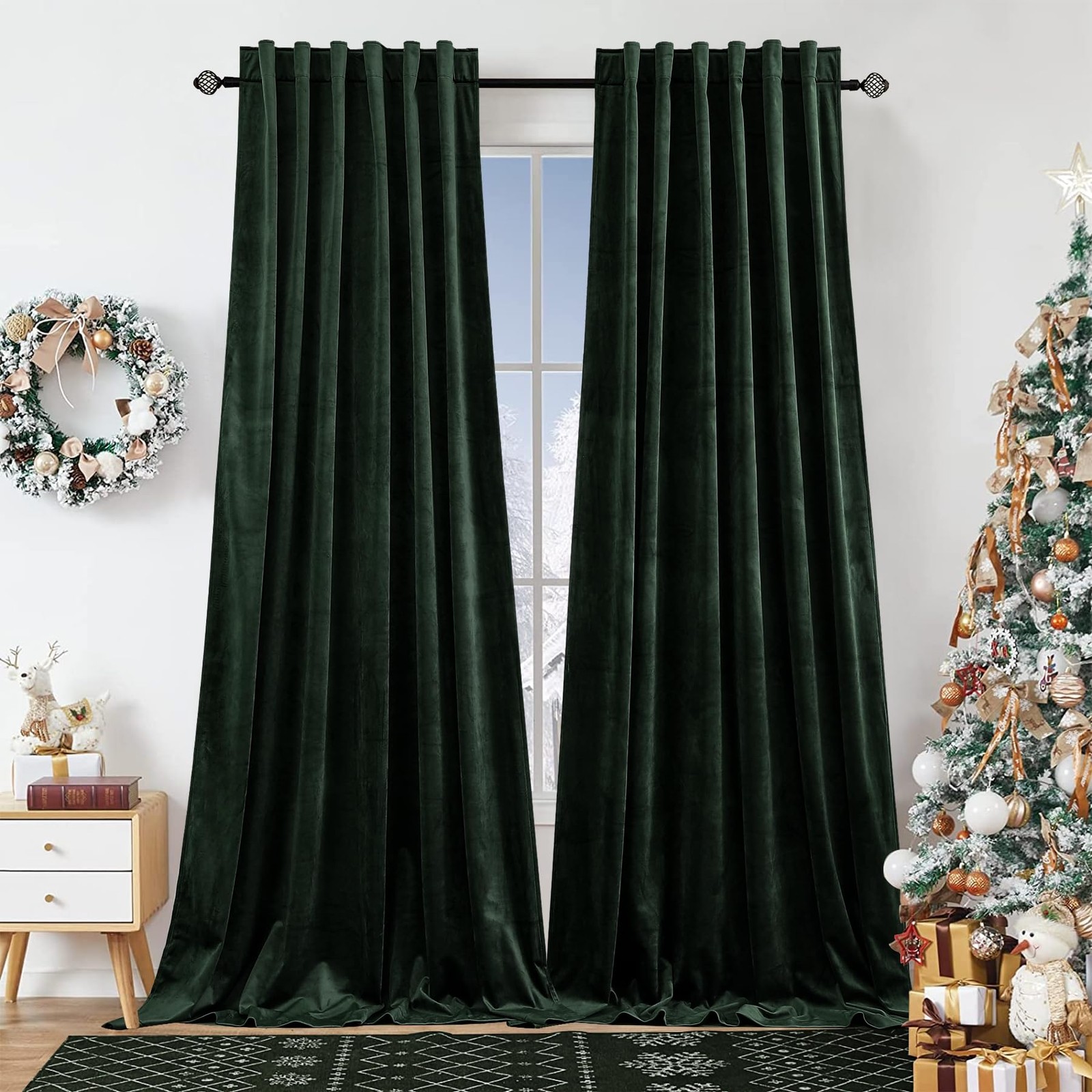 Luxury Dark Green Velvet Curtains, Room Darkening, 2 Panels 52×96 Inches