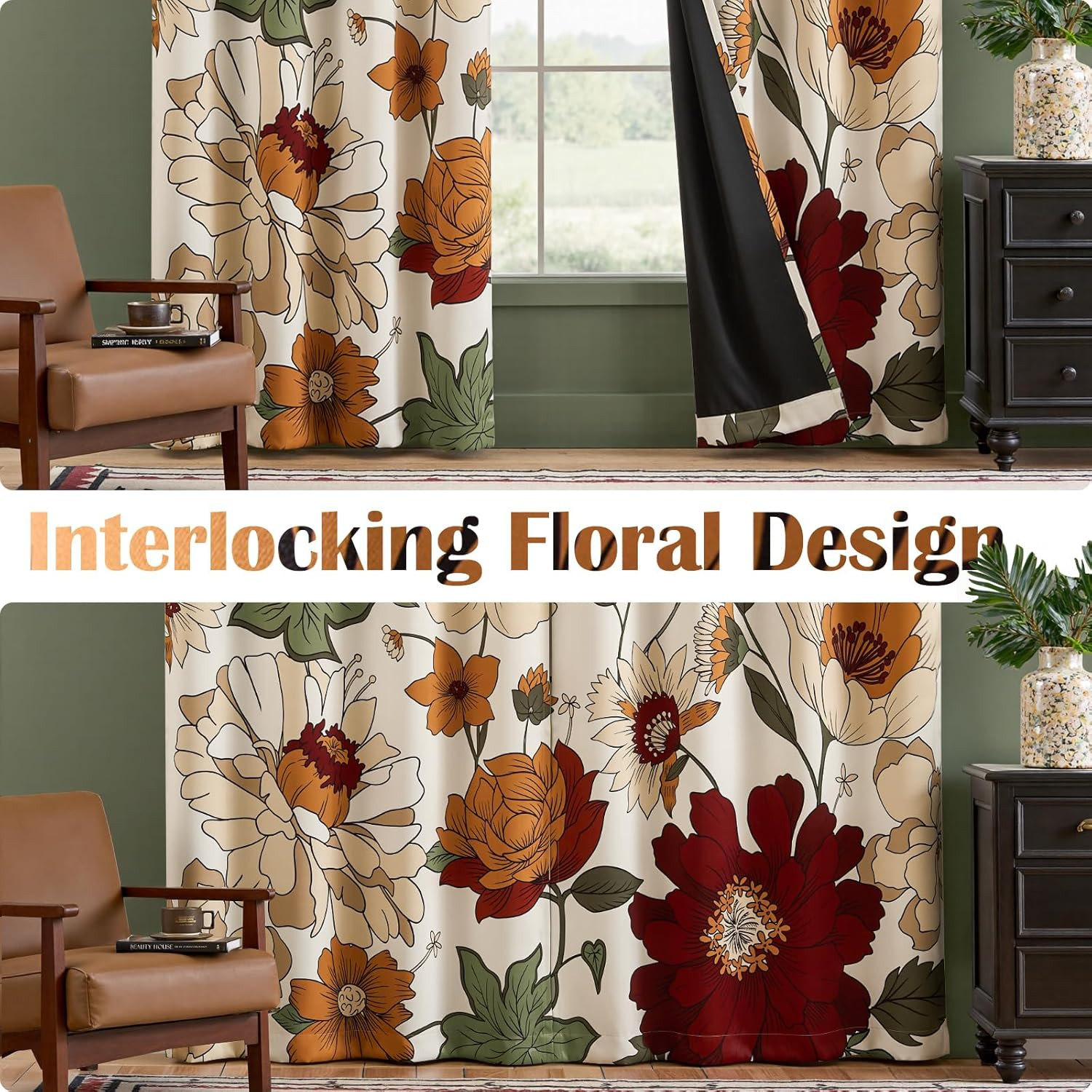 Lora Vintage Floral Blackout Curtains 84″ – Boho Fall Decor, 4 Panels