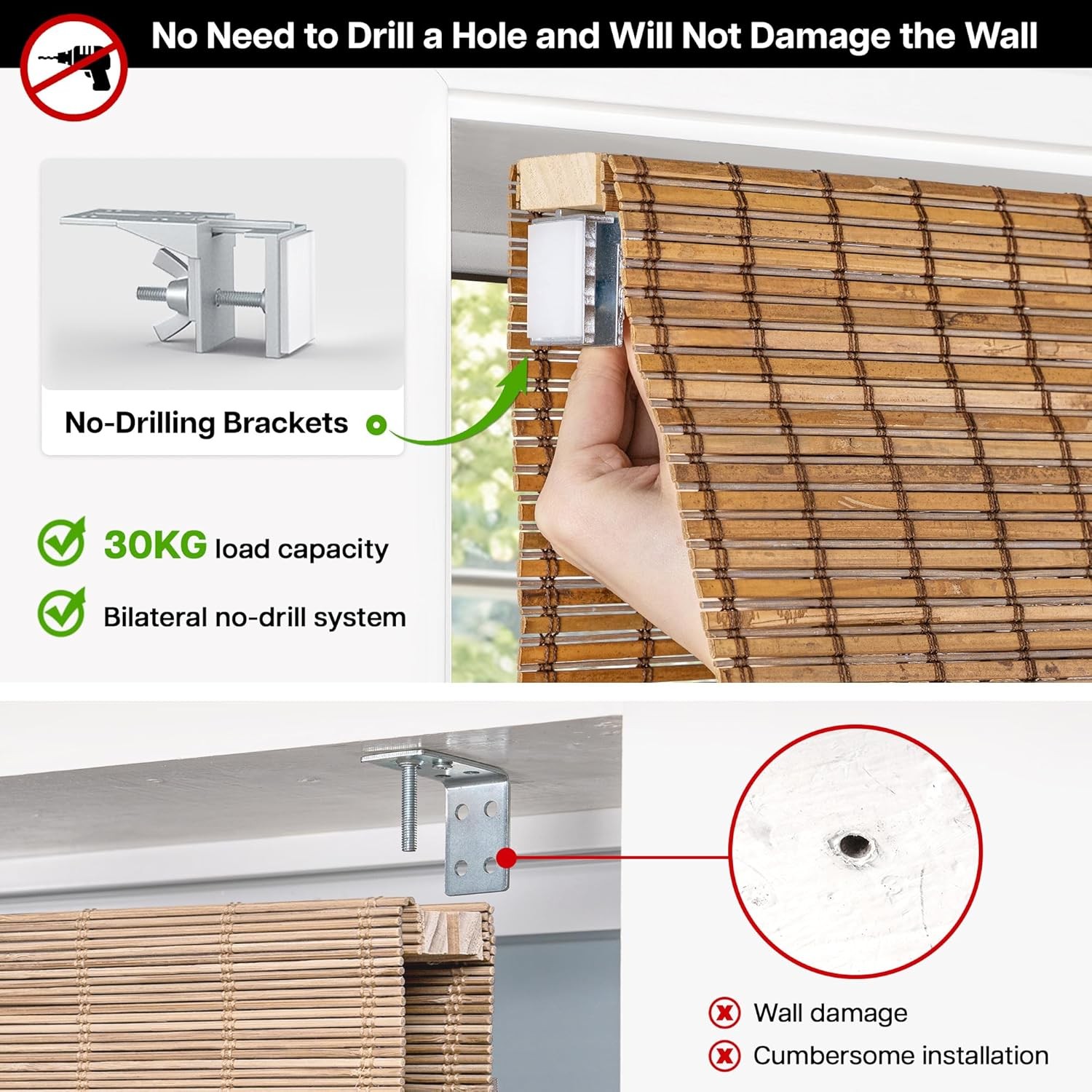 No-Drill Cordless Roman Shade Bamboo 43″ W x 48″ H Malay Umber