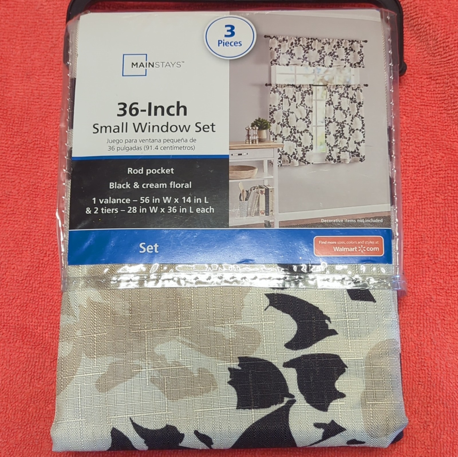 Mainstays Floral Black & Cream 3 Piece Window Set Rod Pocket Polyester 36″ Tiers