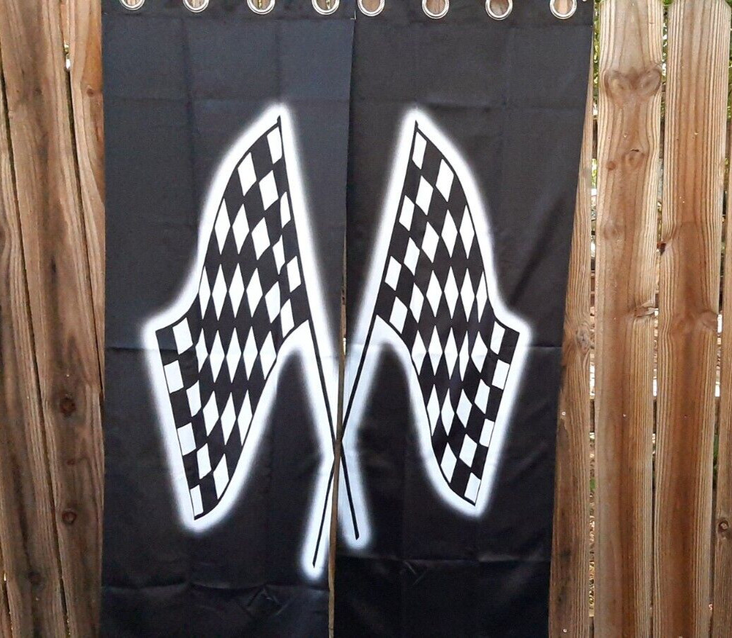 Pr 42×63 ~ Black & White RACE CAR WINGS FLAG CURTAIN PANELS NEW