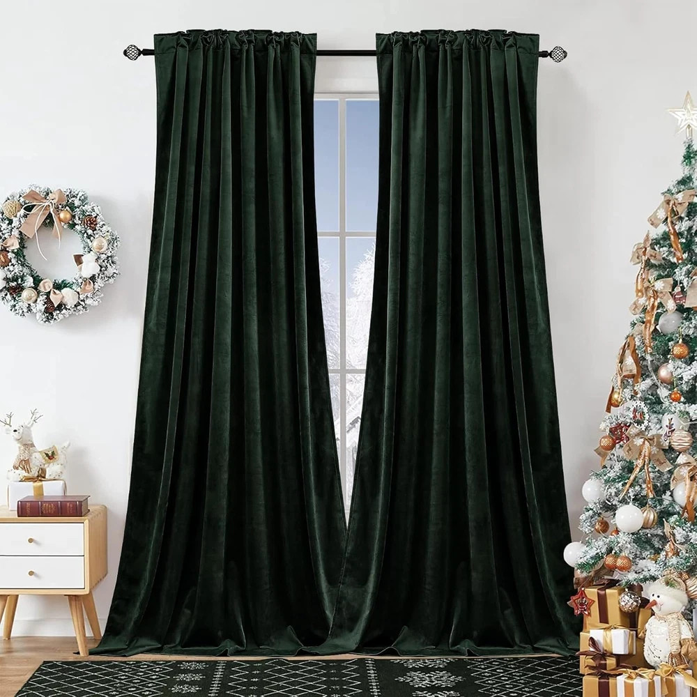 Luxury Dark Green Velvet Curtains, Room Darkening, 2 Panels 52×96 Inches